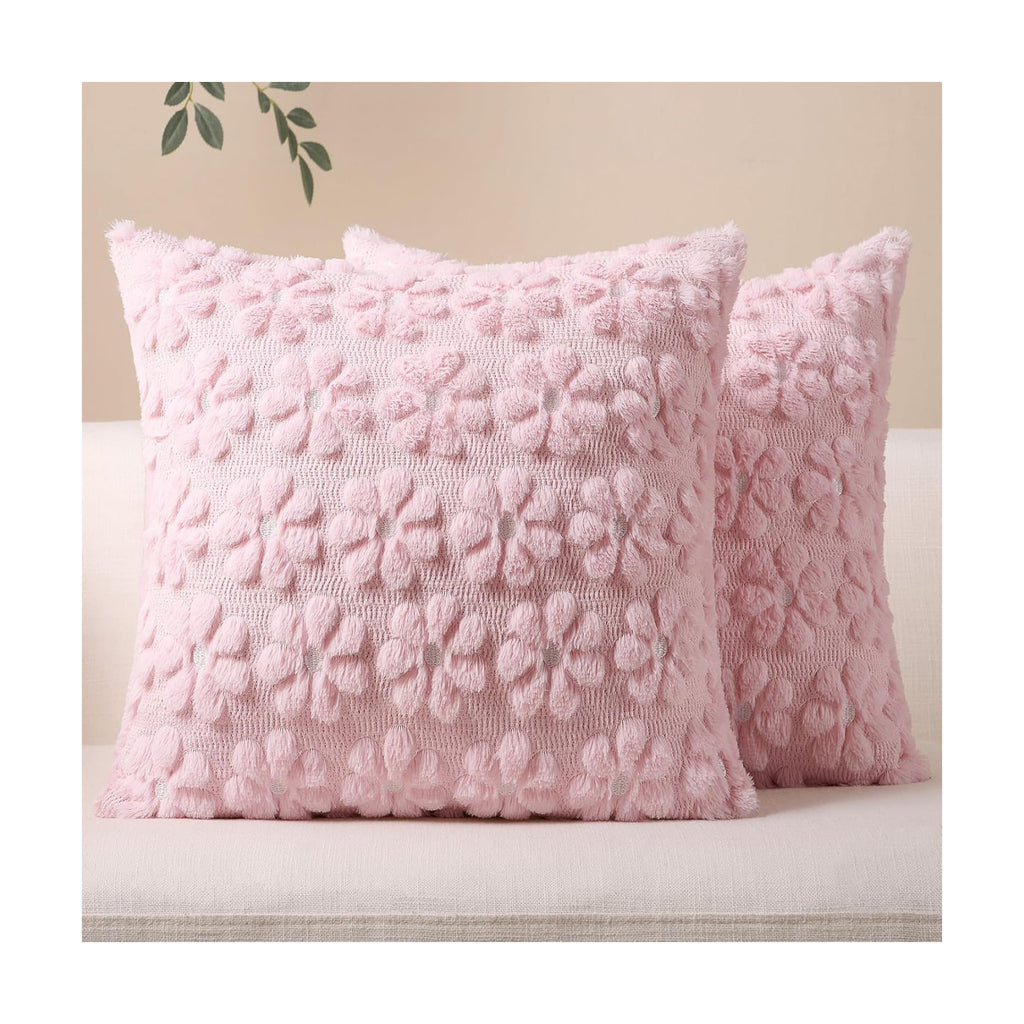 Softalker Spring Summer Throw Pillow Covers 18 x 18 Inch Set of 2, Farmhouse Decorative Floral Daisy Soft Faux Fur Cushion Covers, 3D Pillow Cases for Couch Bedroom Living Sofa Room Home Decor, Pink