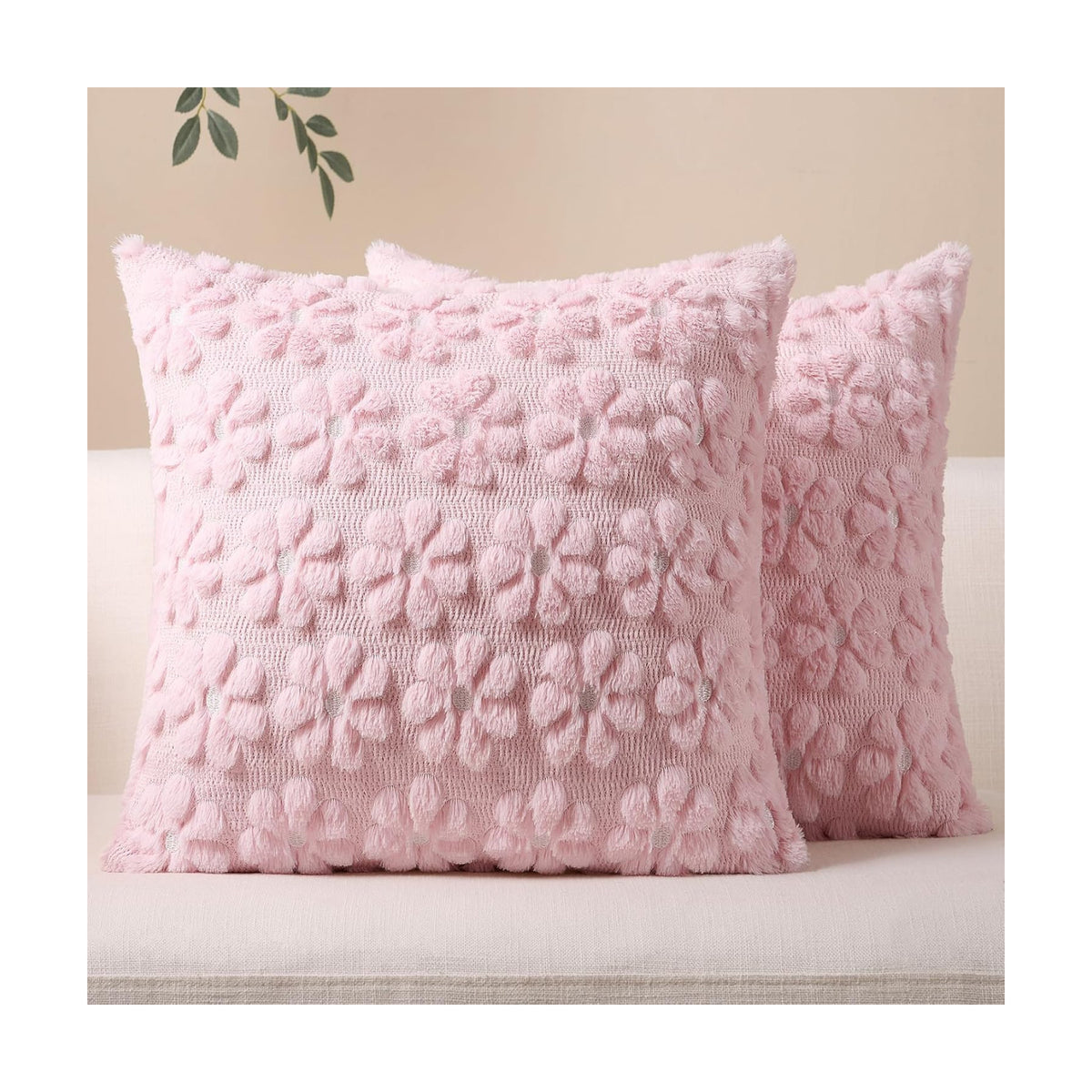 Softalker Spring Summer Throw Pillow Covers 18 x 18 Inch Set of 2, Farmhouse Decorative Floral Daisy Soft Faux Fur Cushion Covers, 3D Pillow Cases for Couch Bedroom Living Sofa Room Home Decor, Pink
