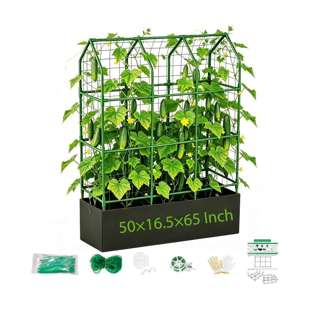 Large Cucumber Trellis with Grow Bag, 65" Tall Metal Garden Trellis for Climbing Plants Outdoor, Reusable Cucumber