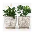 Decorative Ceramic Planter Pot with Saucer, Brown with Gold and Silver Owl Pattern, Indoor Garden Container with