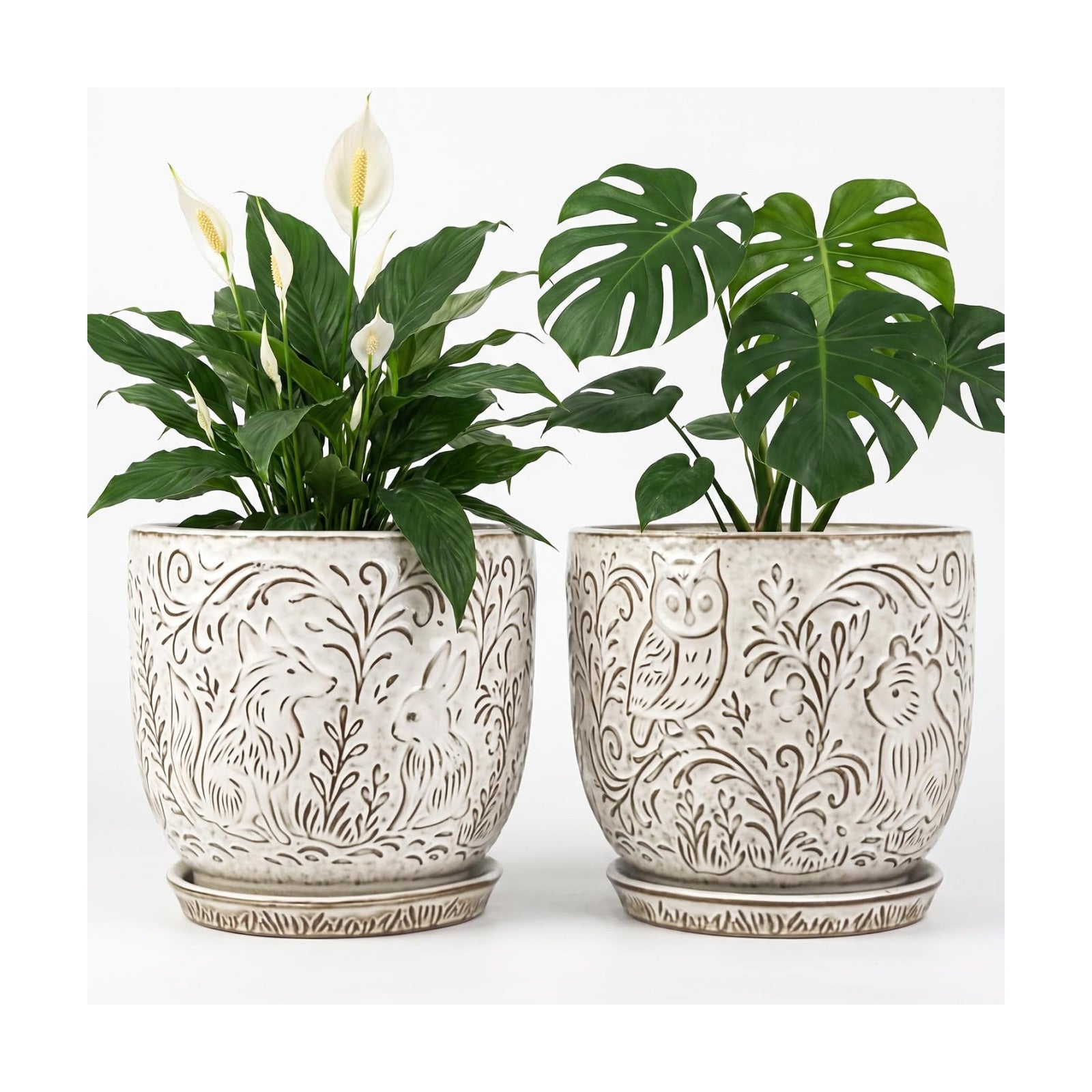 Decorative Ceramic Planter Pot with Saucer, Brown with Gold and Silver Owl Pattern, Indoor Garden Container with