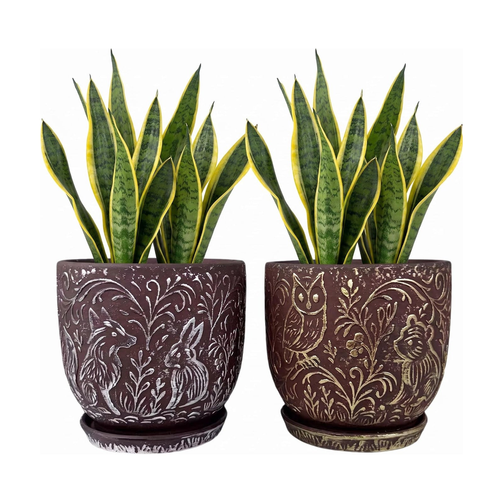 Decorative Ceramic Planter Pot with Saucer, Brown with Gold and Silver Owl Pattern, Indoor Garden Container with