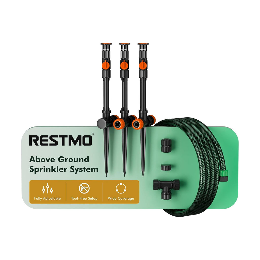 RESTMO Above Ground Sprinkler System,Irrigation Sprinklers for Yard,Orange | DIY Flexible Metal Spike Sprinkler