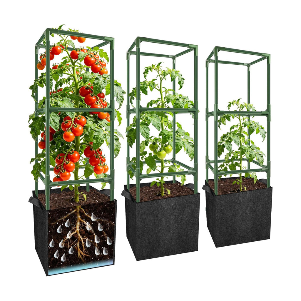 3 Set 49" Square Tomato Cages with 18 Gallon Grow Bags, Steel Trellis | Heavy Duty Tomato Trellis Kit, Garden Plant