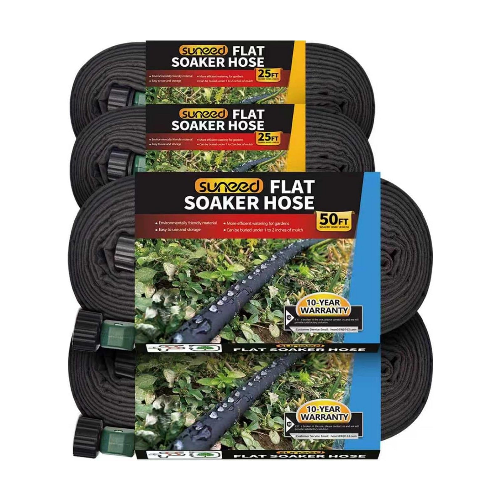 Flat Soaker Hose 50 ft 2-Pack & 25 ft 2-Pack for Garden Beds, Lightweight Drip Soaker Hose 100 ft for Watering –