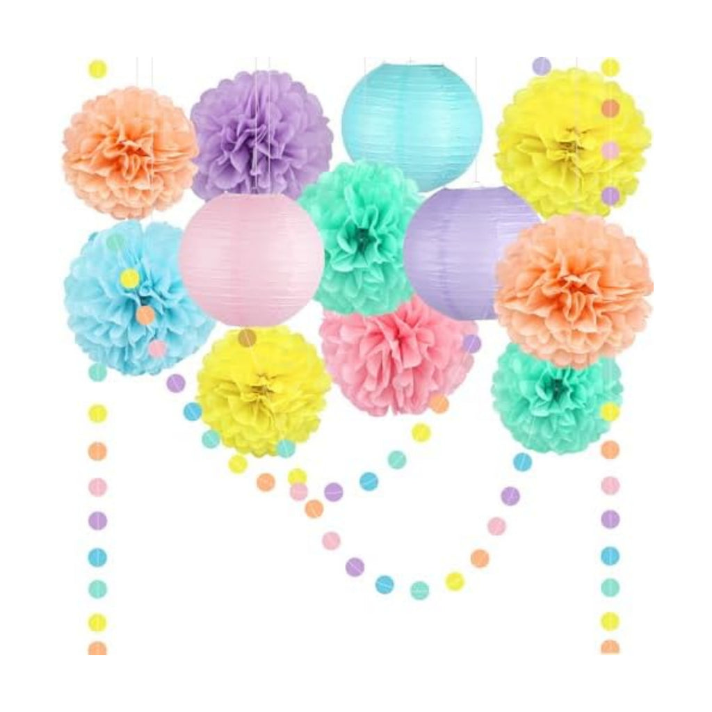 14 Pcs Pastel Party Decorations, Paper Pom Poms Lanterns Garland, 8/10 Inch