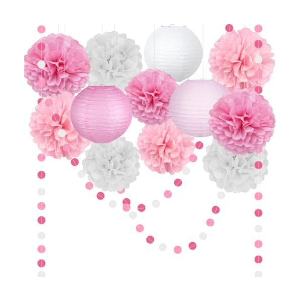14 Pcs Pink Party Decorations, Paper Pom Poms Lanterns Garland, 8/10 Inch