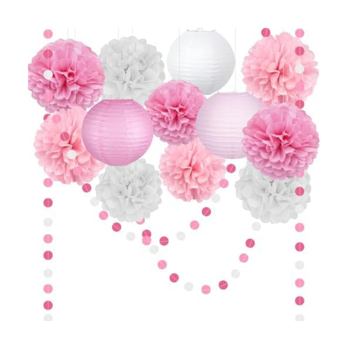 14 Pcs Pink Party Decorations, Paper Pom Poms Lanterns Garland, 8/10 Inch