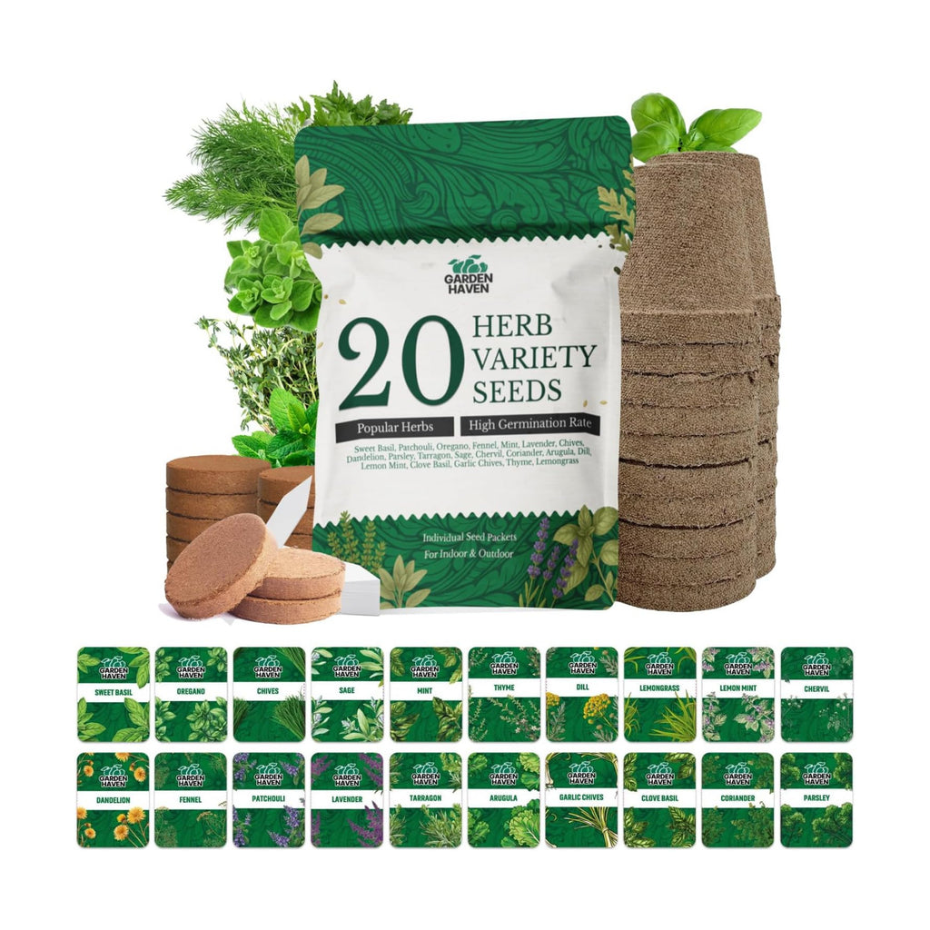 20 HERB Seeds Variety Pack - Complete Grow Kit Culinary Herbs Indoor Outdoors Herb Seeds, Basil, Oregano, Mint, Thyme &