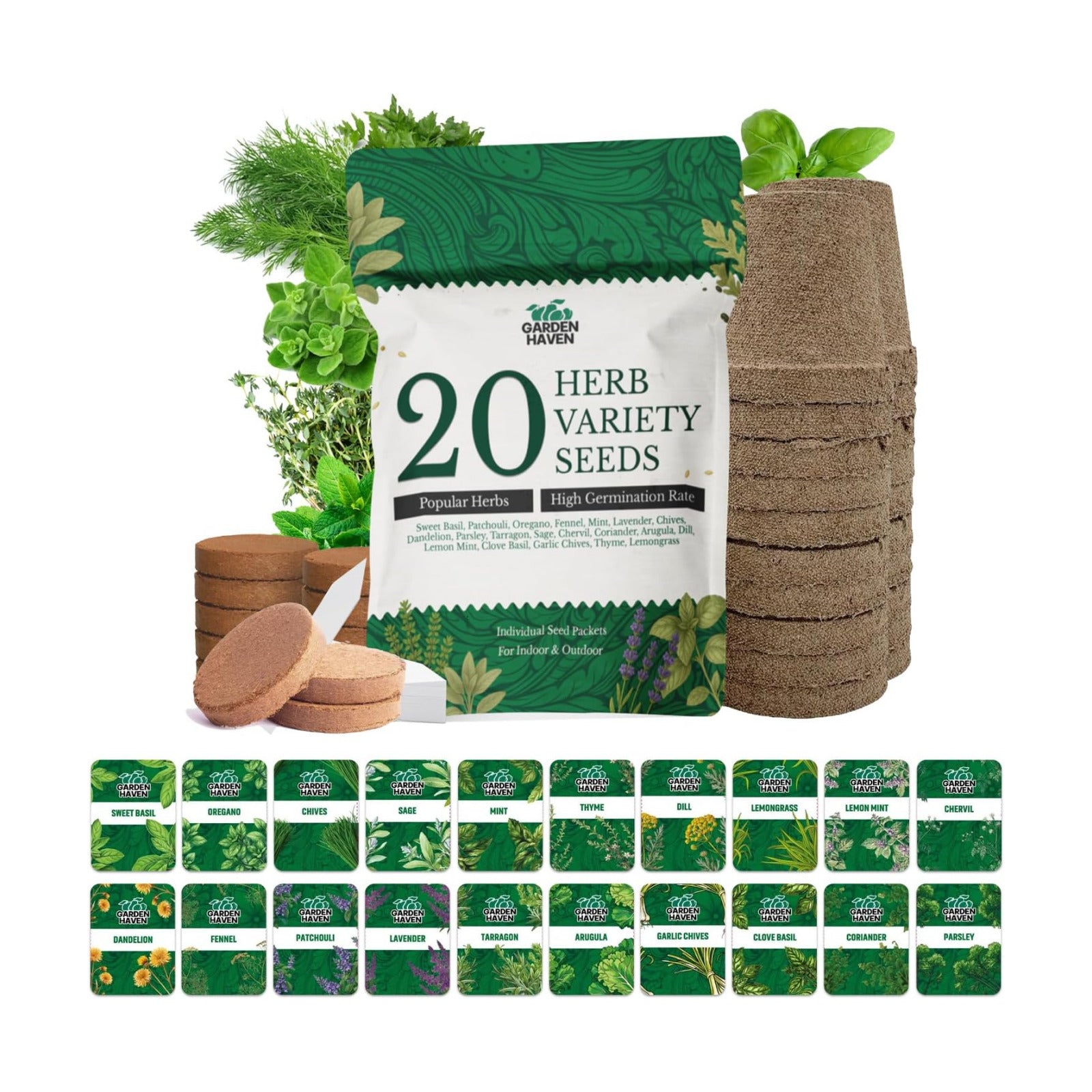 20 HERB Seeds Variety Pack - Complete Grow Kit Culinary Herbs Indoor Outdoors Herb Seeds, Basil, Oregano, Mint, Thyme &