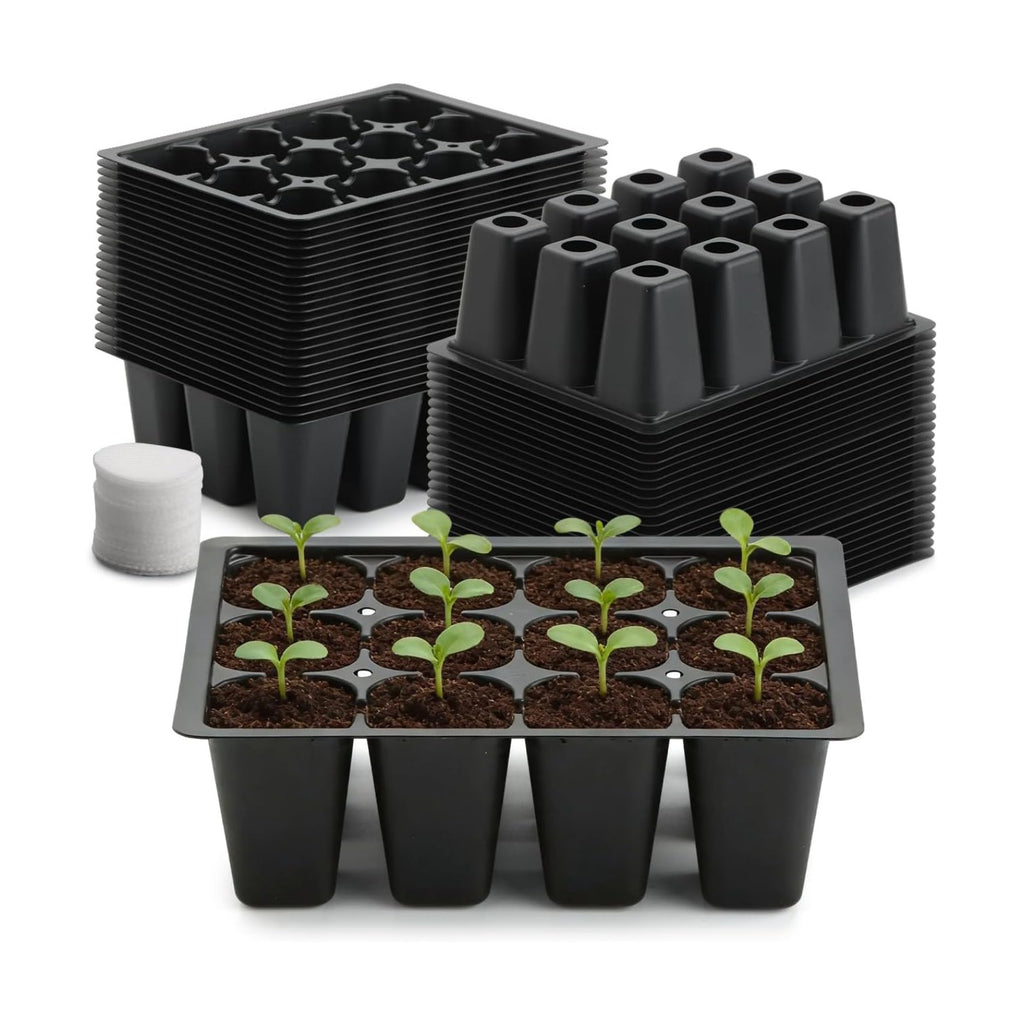 RooTrimmer 40 Pack Reusable 12-Cell Seed Starter Tray, Plant Starter Trays with Large Drainage Holes for Seed Germination, Easy to Repotted, Fits Standard 1020 Flats and TD377 Trays, Black