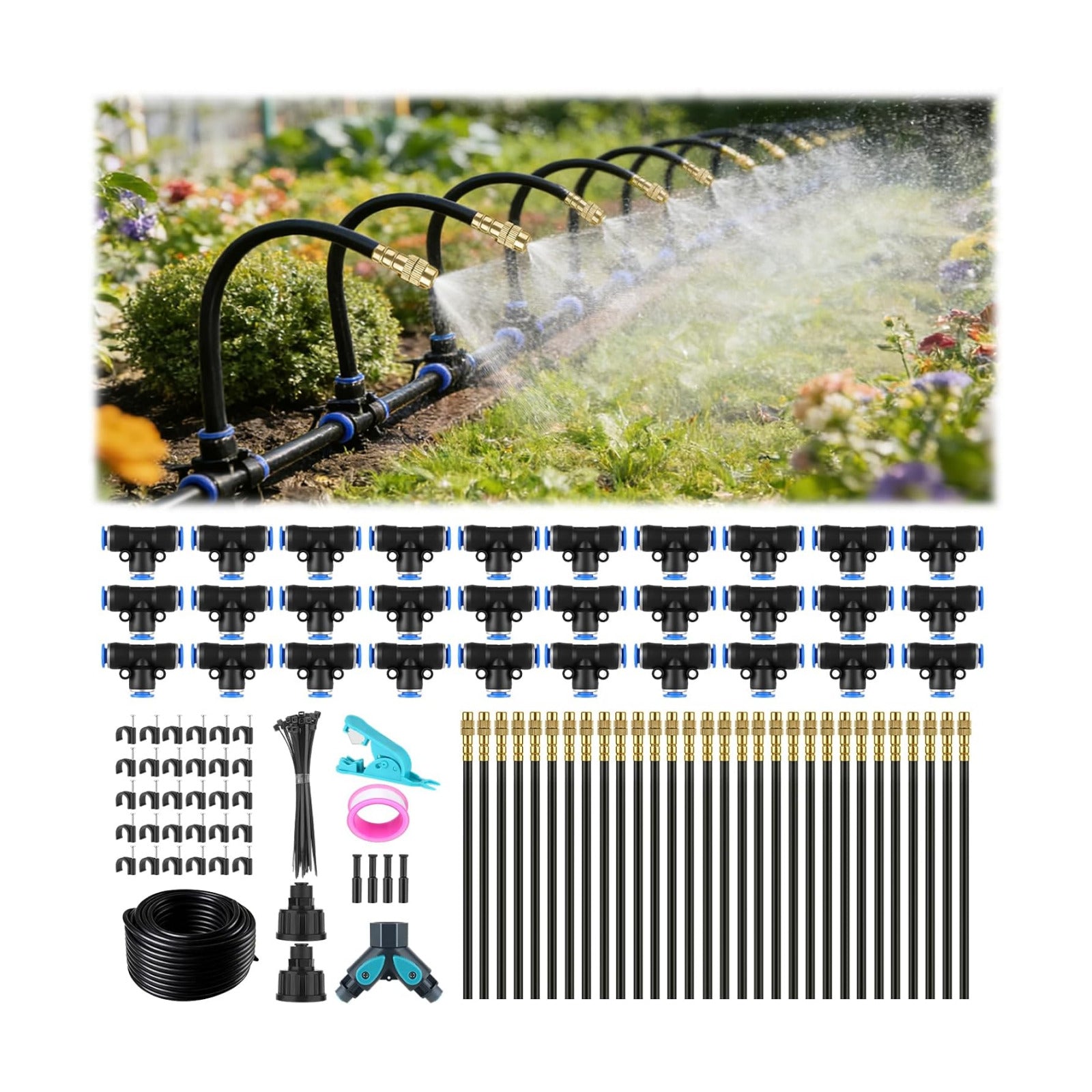 100FT Drip Irrigation System, 1/4" Garden Watering Misting System for Plant | 1/4" Tubing and 30pcs 360° Adjustable