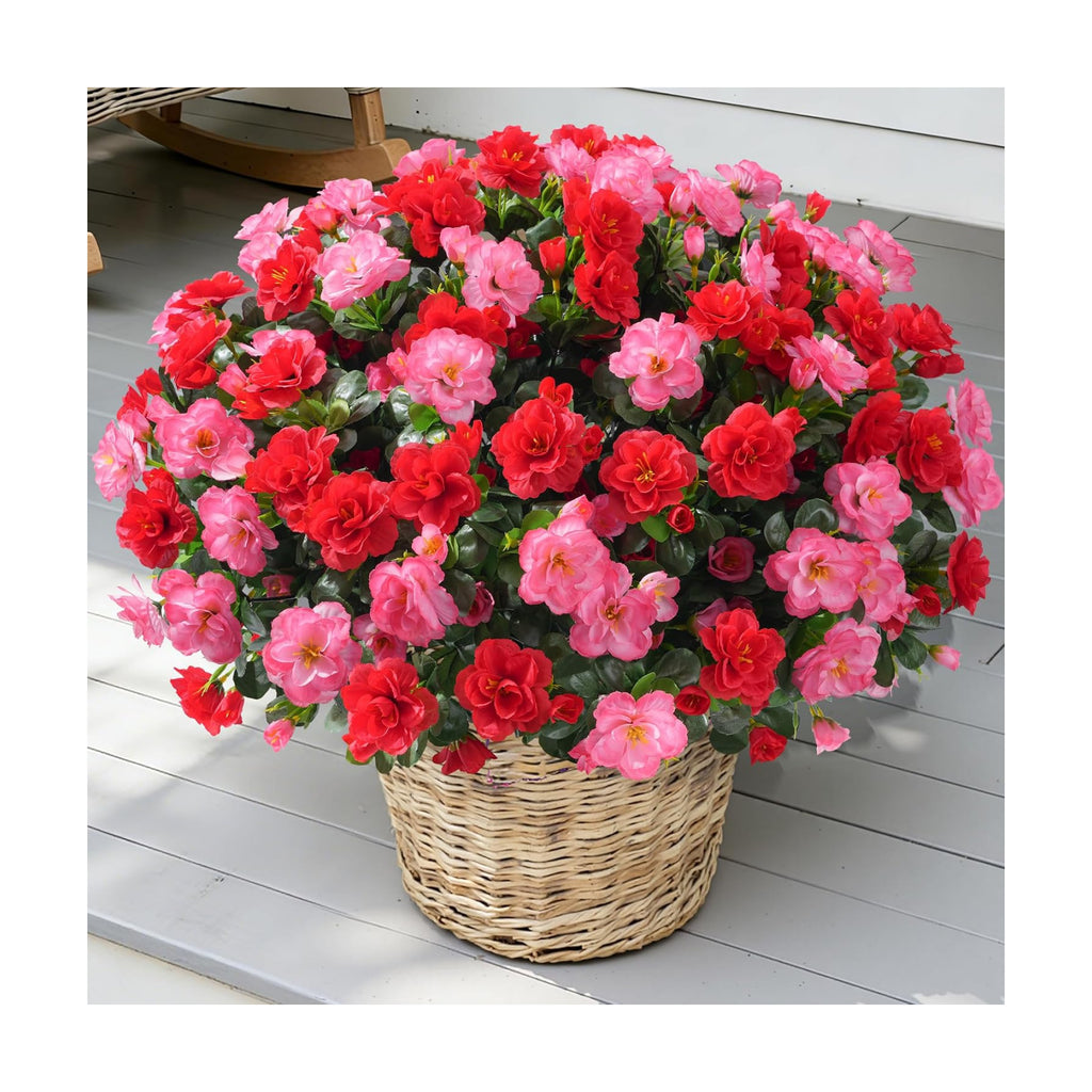 Artificial Fake Outdoor Flowers Plants, Faux Silk Camellia Bundles UV Resistant No Fade Realistic for Planter Pot, Outside Porch Patio Balcony Garden Yard Home Decoration, 3 Large Bundles(Melon Red)