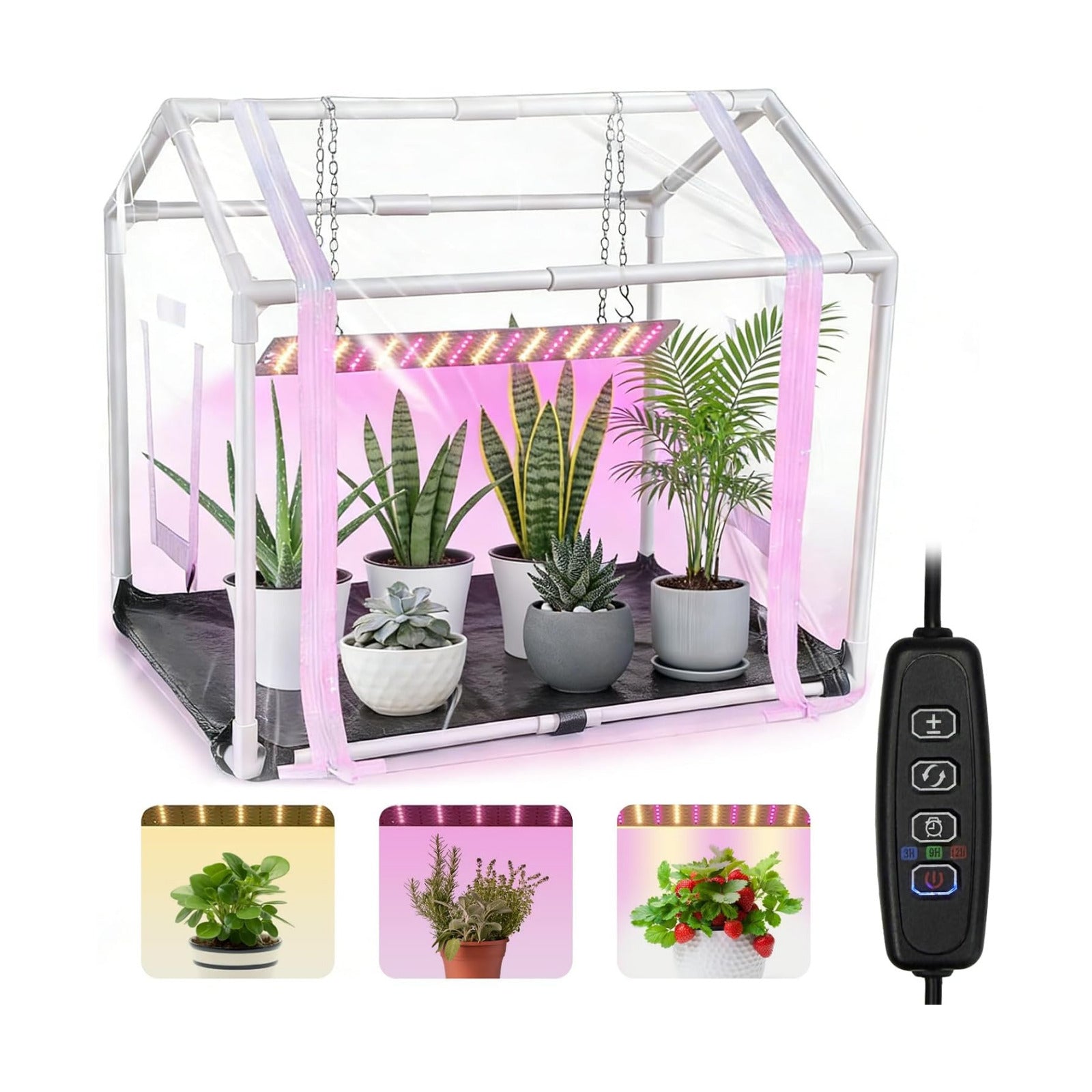 Mini Greenhouse with Grow Light for Indoor, PVC Planting Tent with Waterproof Mat & Zipper Door,15W Full-Spectrum LED