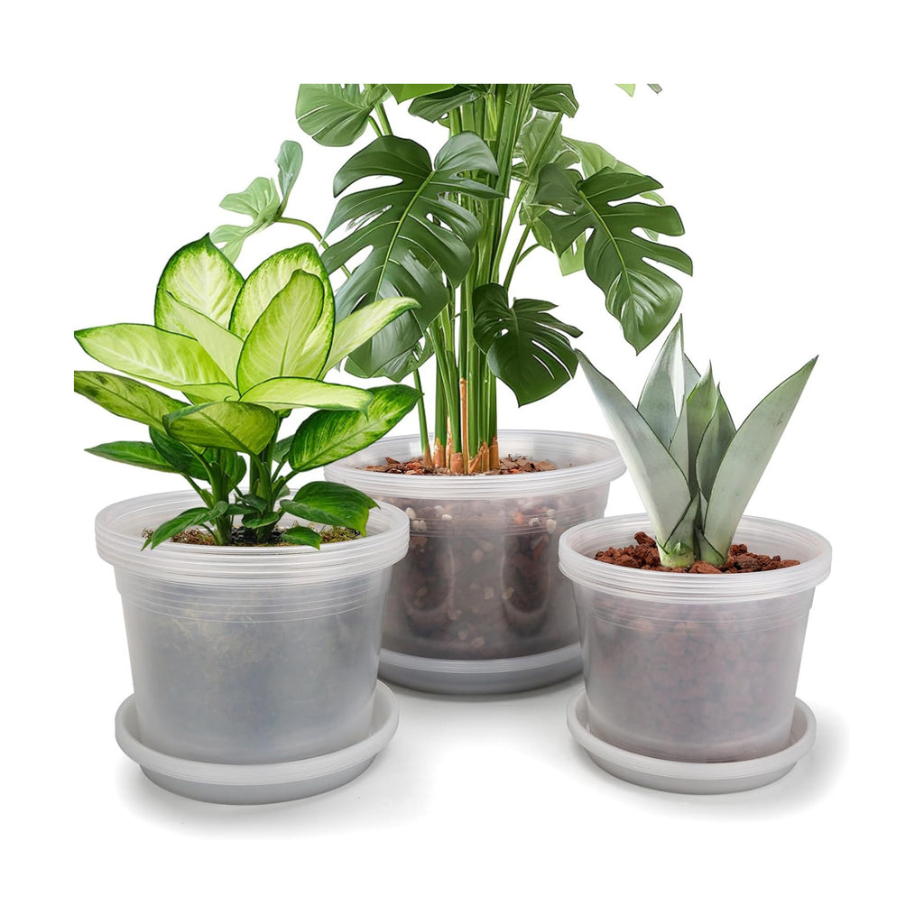 8/10/12 Inch Clear Nursery Pots with Drainage and Sacuers, 15 Pack Plastic Pots for Plants Indoor Outdoor, Variety