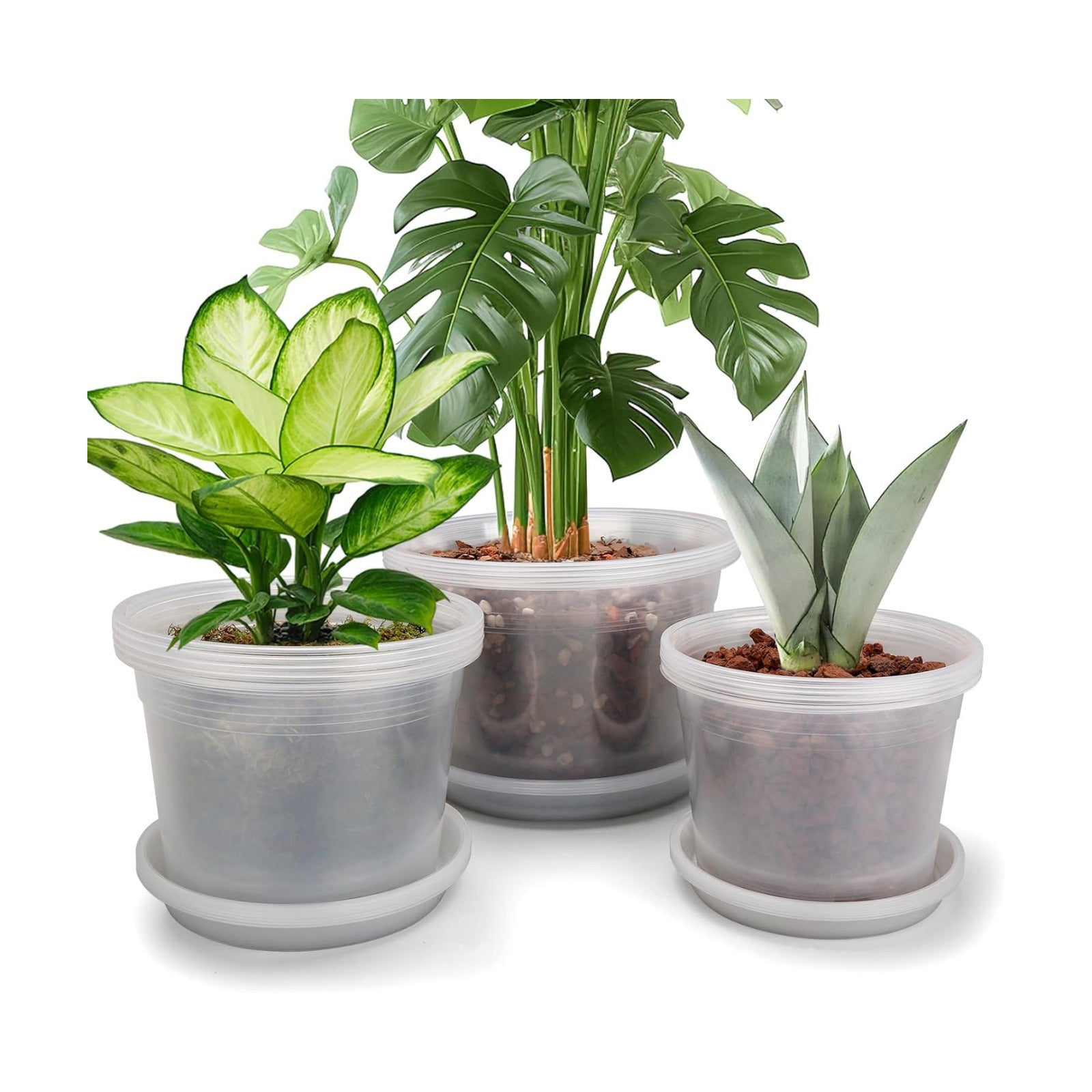 8/10/12 Inch Clear Nursery Pots with Drainage and Sacuers, 15 Pack Plastic Pots for Plants Indoor Outdoor, Variety