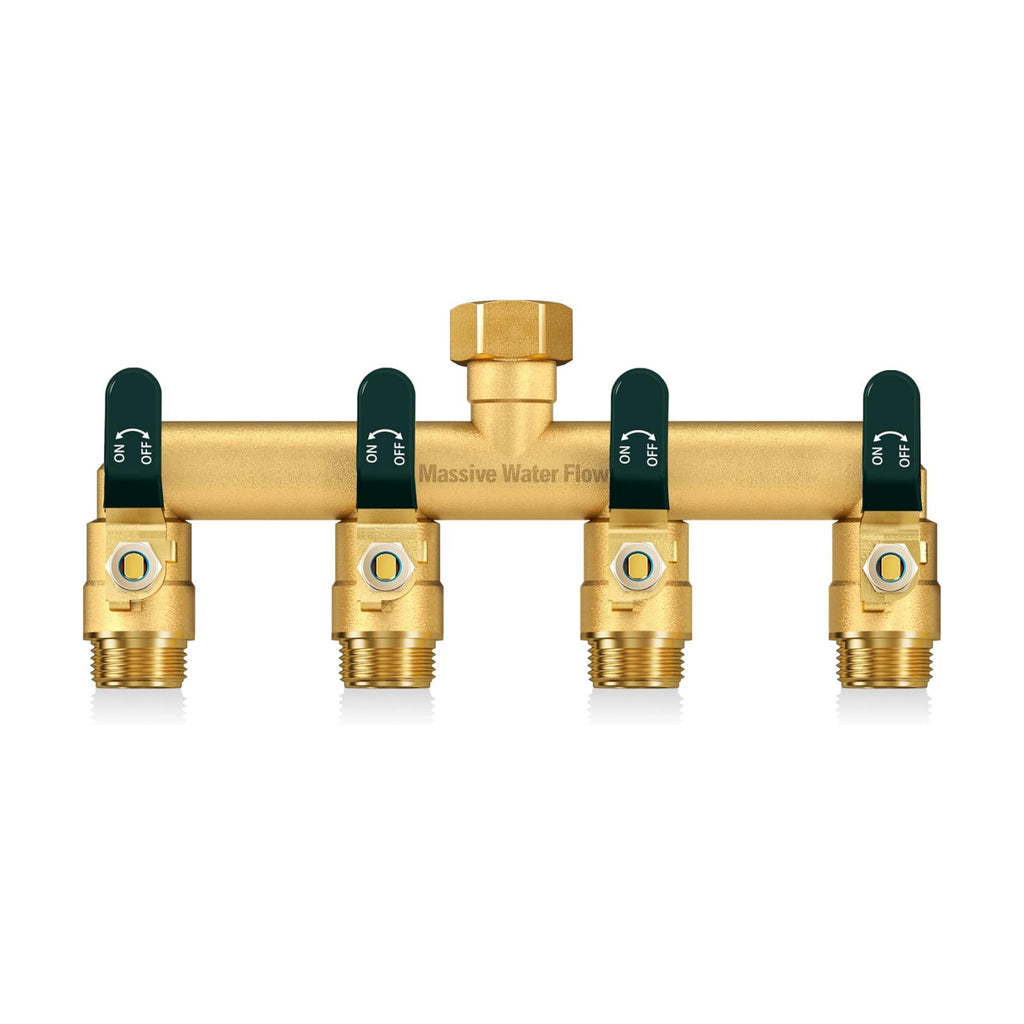 4 Way Hose Splitter, Heavy Duty Full Flow Garden Hose Splitter with 4 Large Metal Handles, Brass Water Hose Bib
