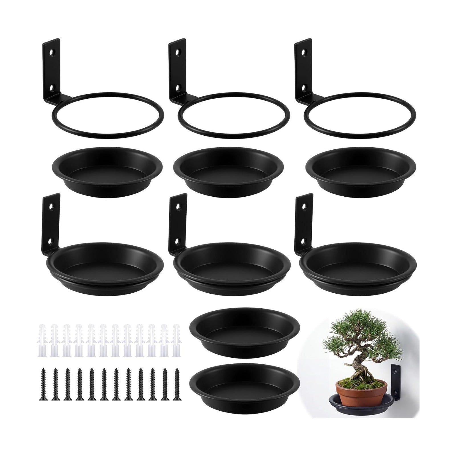 6 Pack 6'' Wall Mount Plant Holder with 8 Replaceable Trays, Heavy Duty Metal Flower Pot Holder Ring, Plant Hanger for