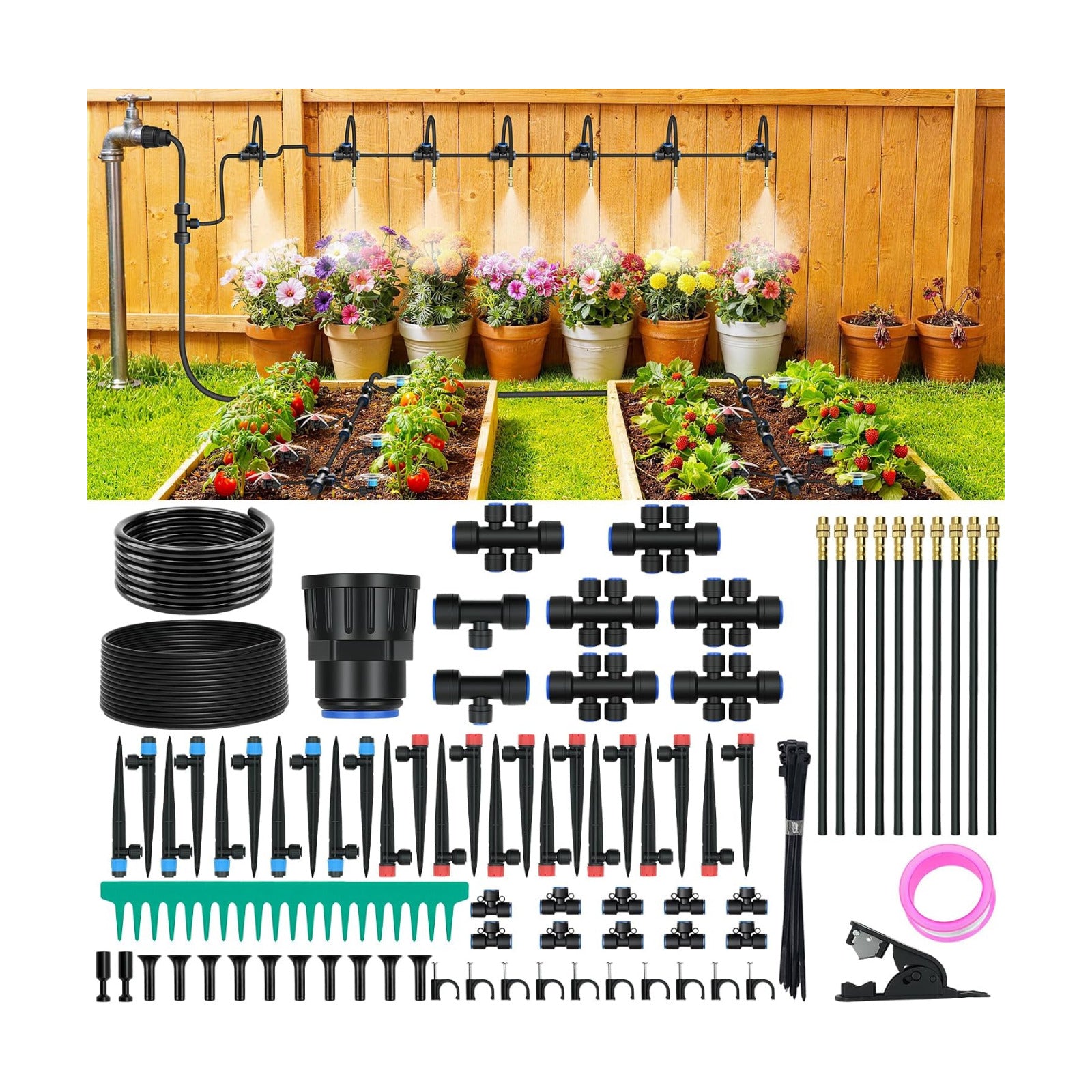 230FT Drip Irrigation Kit with 34 Emitters, 3 Spray Types, Watering System | Extra Long Garden Misting System, 3