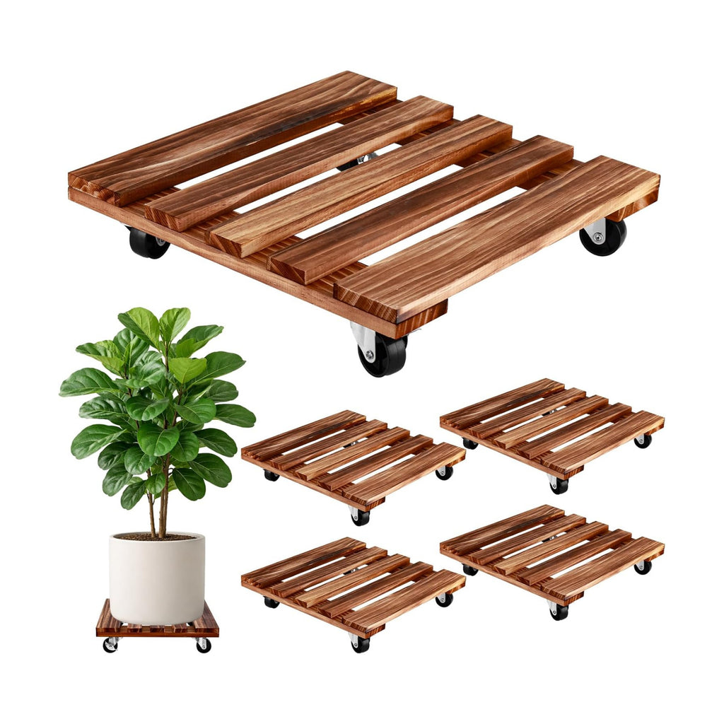 12 Inch Plant Caddy with Wheels, 4 Pack Rolling Plant Stand Rollers with Casters Wooden Plant Dolly with Wheels Heavy
