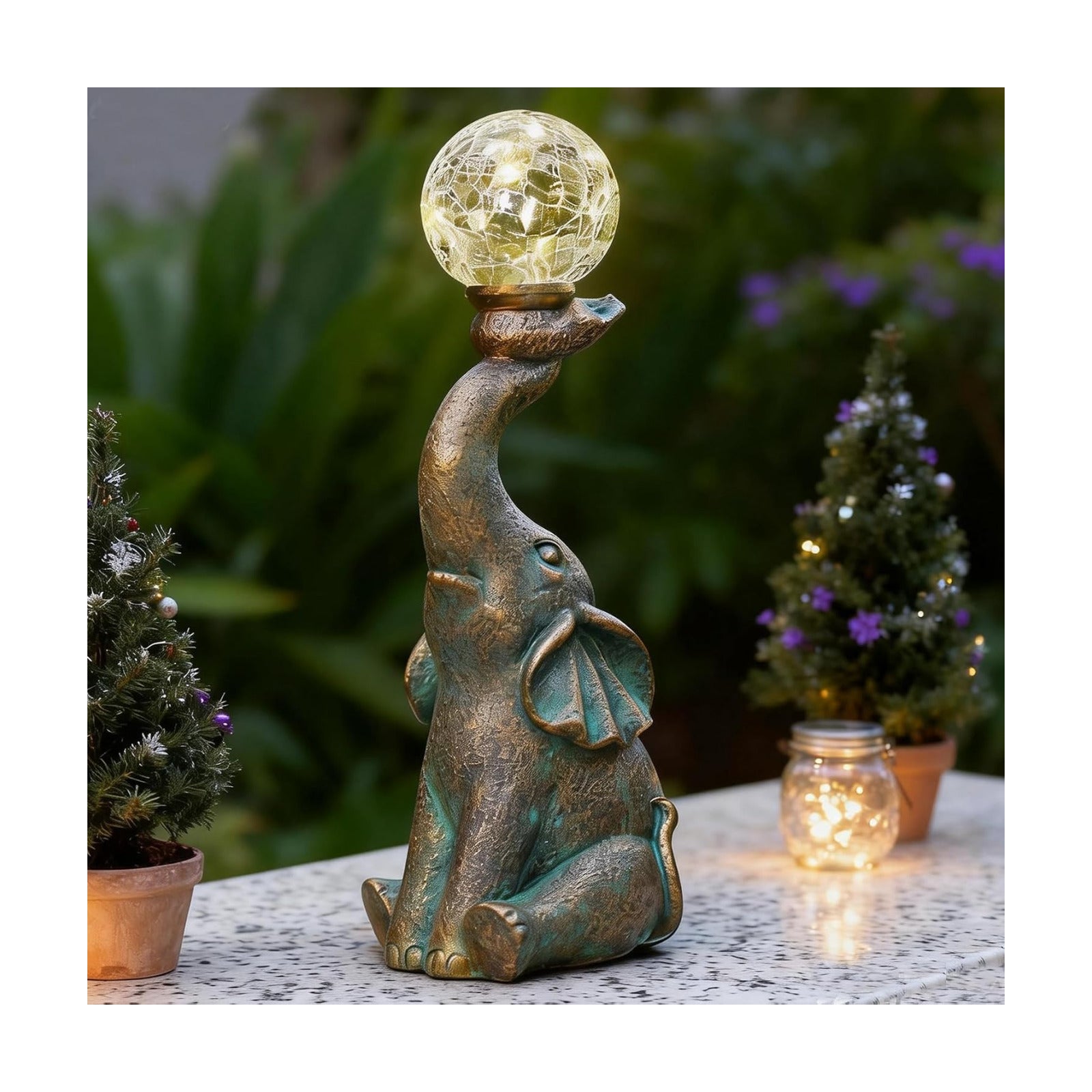 Solar Outdoor Elephant Statue Gifts Garden Decoration Light | 8 LED Crackle Balls Elephant Sculpture for Yard Patio