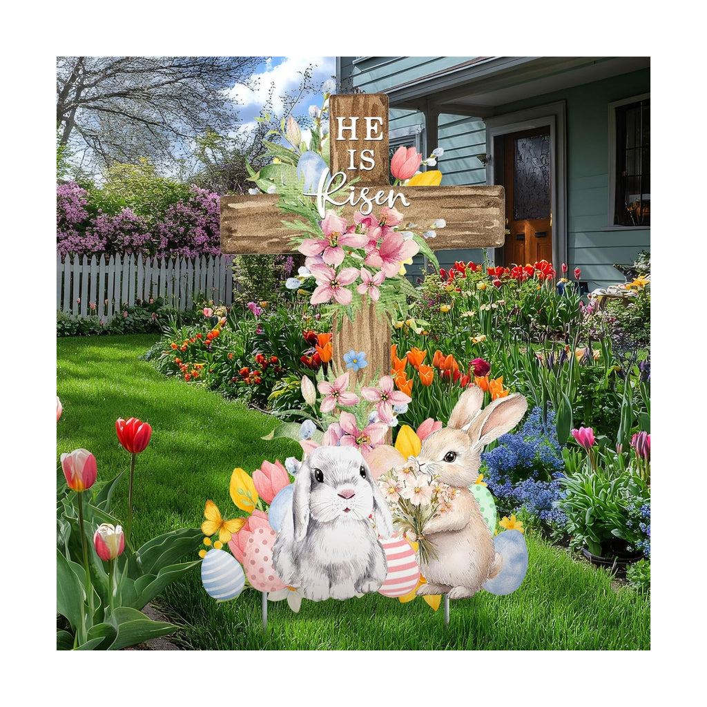 Weysat Easter Metal Yard Signs He Is Risen Cross Metal Decoration Outdoor 23.6 Inch Easter Rabbit Welcome Porch Sign Christian Yard Decorations with Stakes Waterproof for Home Garden Patio Lawn Party