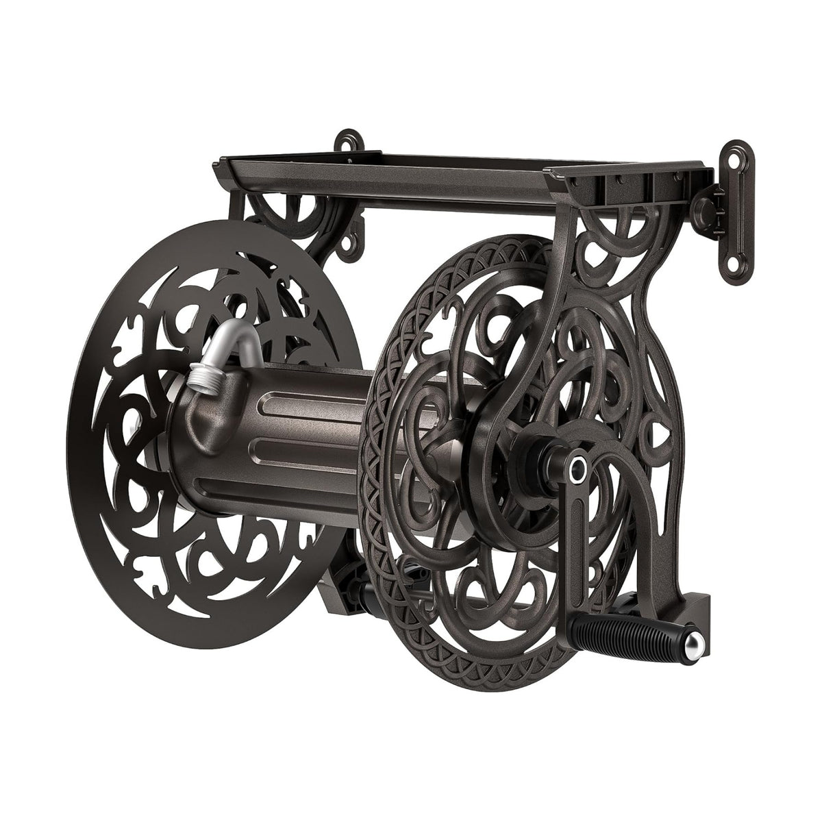 Garden Hose Reel Wall Mount Metal, Holds 125 ft x 5/8" Decorative Water Hose Holder for Outside Storage, Heavy Duty