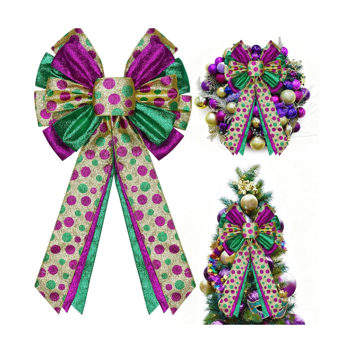 Mardi Gras Tree Topper Bow Decorations,12”x20” Large Glitter Wreath Bow Decor for Tree Holiday Party Wall Home Front Door Float Golf Cart Gold Green Purple