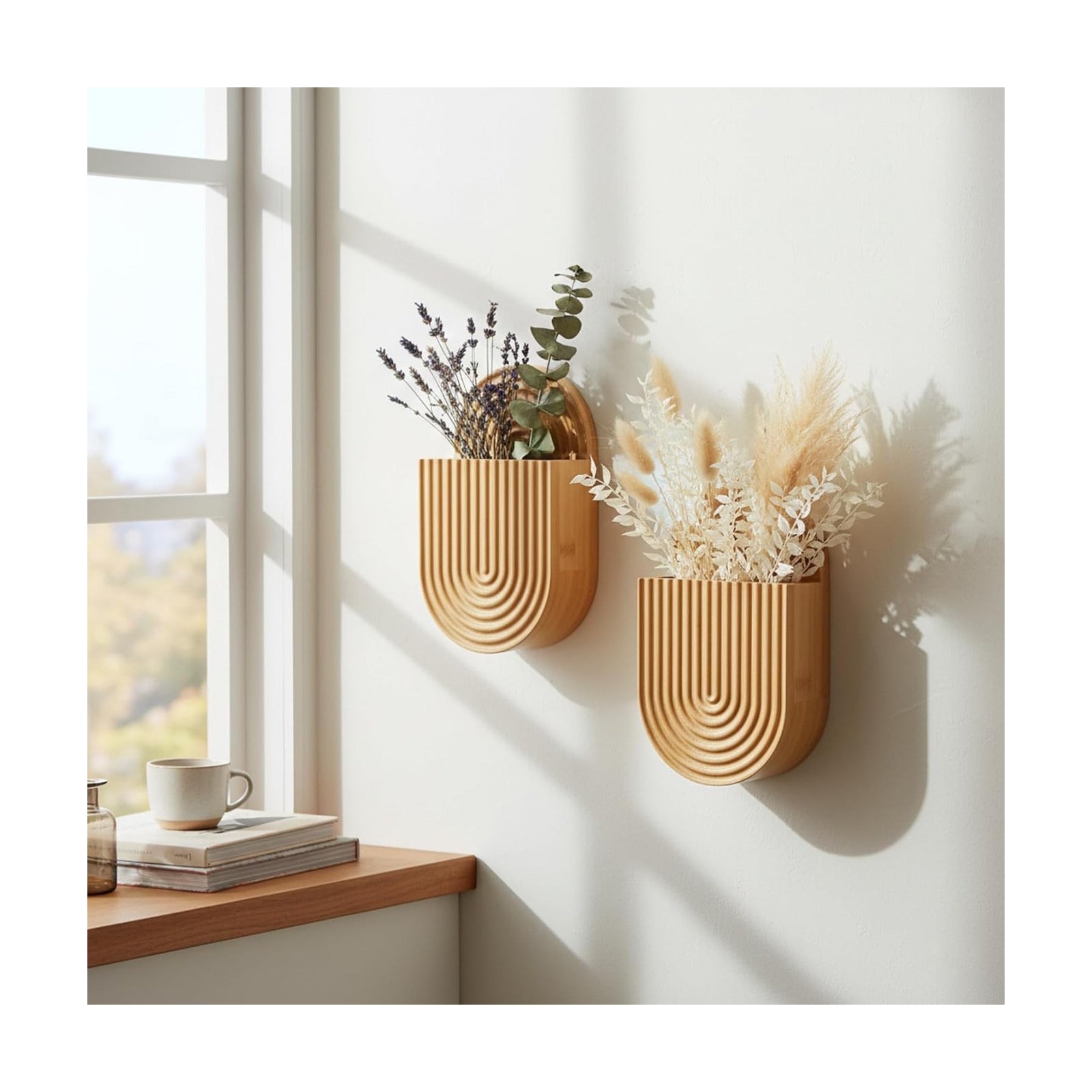 Wooden Wall Vase Set of 2, Bamboo Boho Wall Decor Planters Holder for Indoor Plants, for Entryway, Hallway, Bathroom