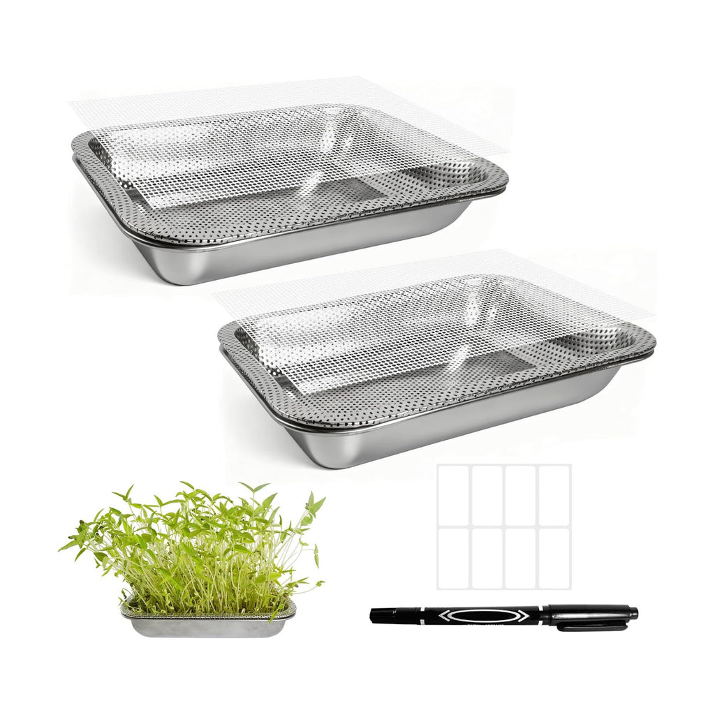 2 Pack Stainless Steel Seed Sprouter Trays, 2-Tier Soil-Free Microgreens Growing Kit, Rust-Free Sprouting Tray with