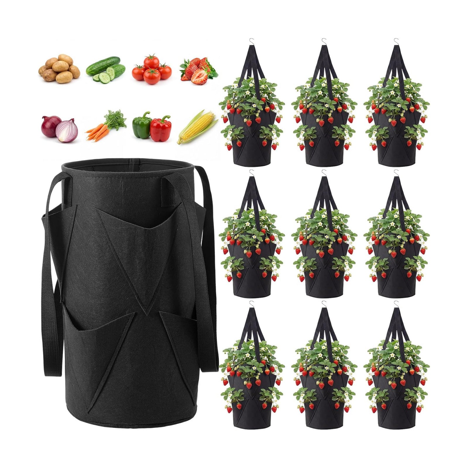 SATINIOR 10 Pack Upside Down Strawberry Planter Set Hanging Vegetables Grow Bags with 10 S Hooks, 3 Gallon Fabric