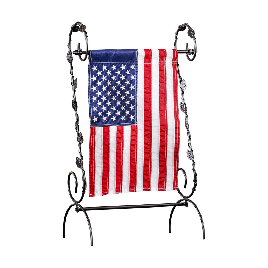 Evergreen Scroll American Garden Flag Stand Leaves Vine | Premium Metal Iron Flag Holder Stand | Fits 12x18 Garden