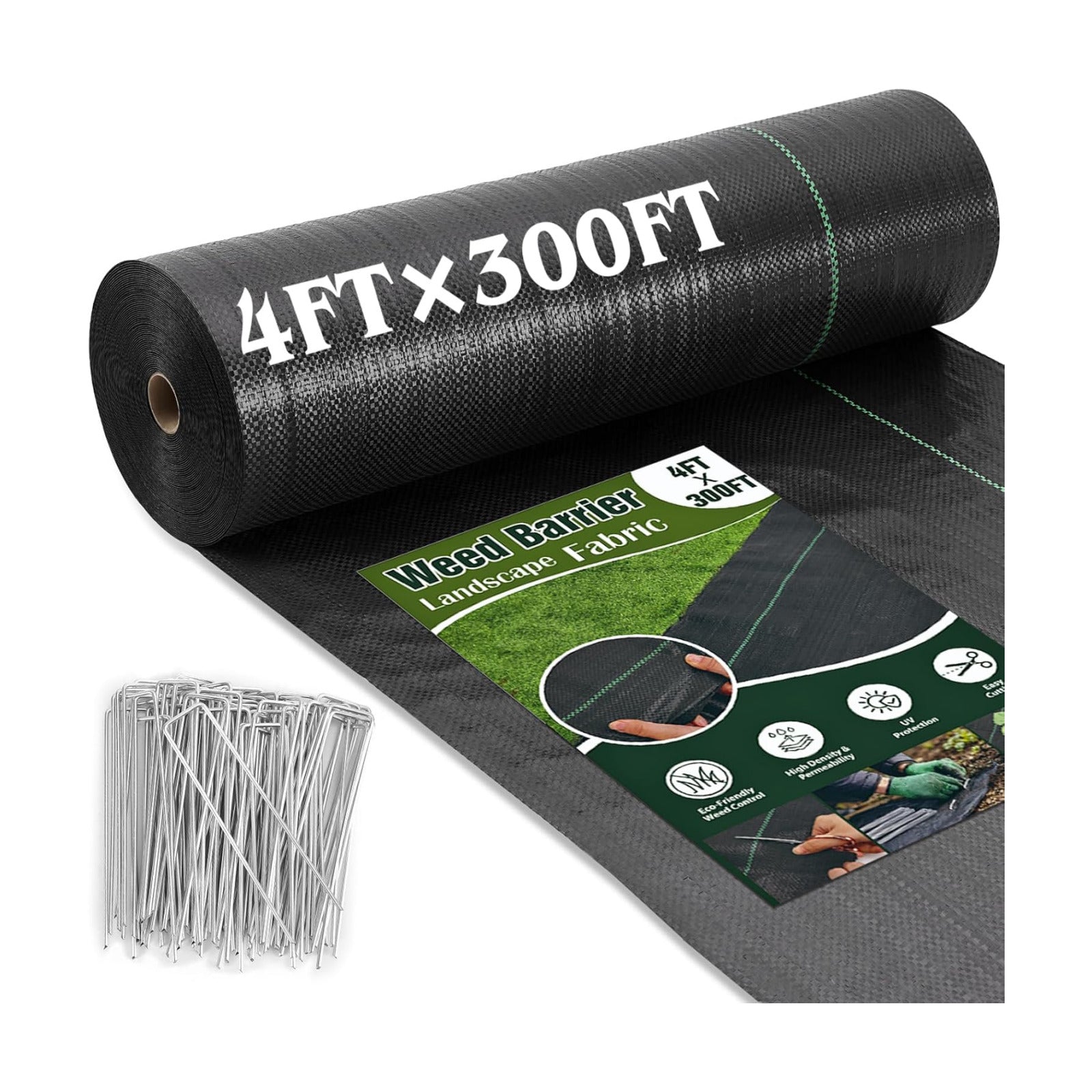 HongWay 4FT x 300FT Weed Barrier Fabric, Heavy Duty Landscape Fabric | Weed Control Garden Cloth with 120 Staples