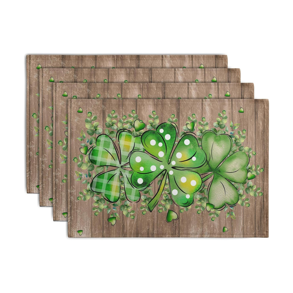 St Patricks Day Eucalyptus Leaves Placemats Set of 4, 12x18 Inch St Patrick Wooden Plank Dining Table Placemats Shamrock Spring Washable Heat Resistance Table Mats for Kitchen Dining Decor