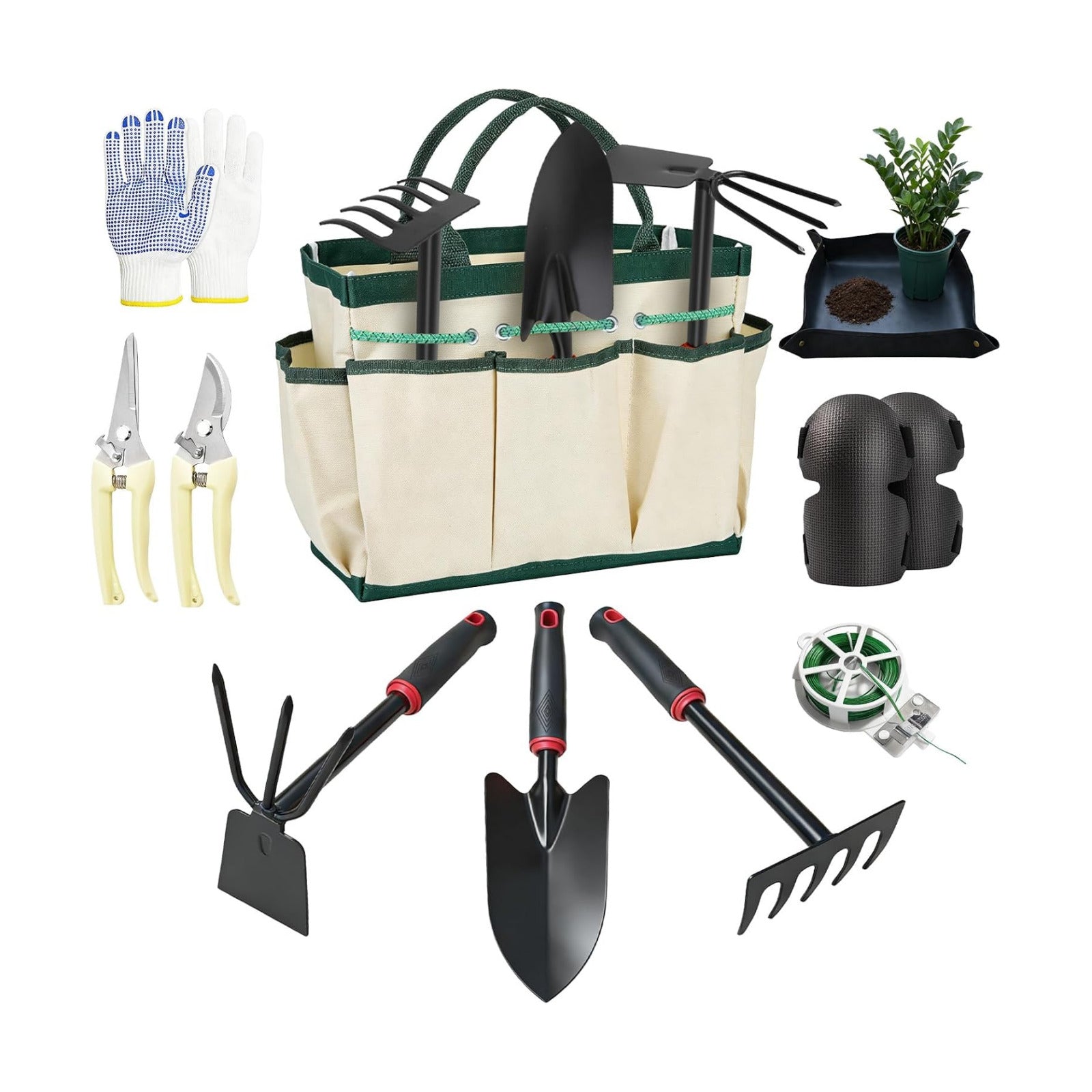 10 Pcs Gardening Tool Set - Heavy Duty Garden Kit with Stainless Steel Pruning Shears, Trowel Garden Tool, Kneeling