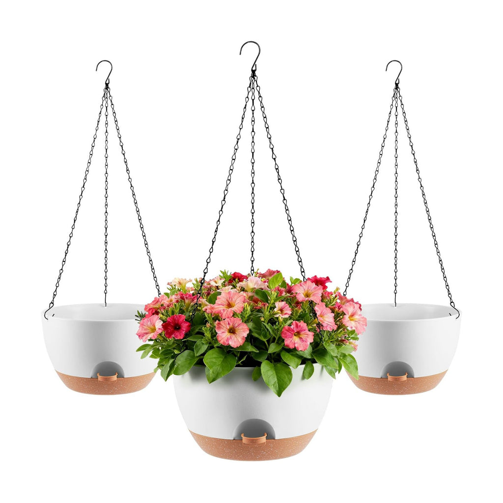 3-Piece Set of 10-Inch Hanging Planters with Automatic Watering System and Drip Tray, Includes Metal Chain, Suitable