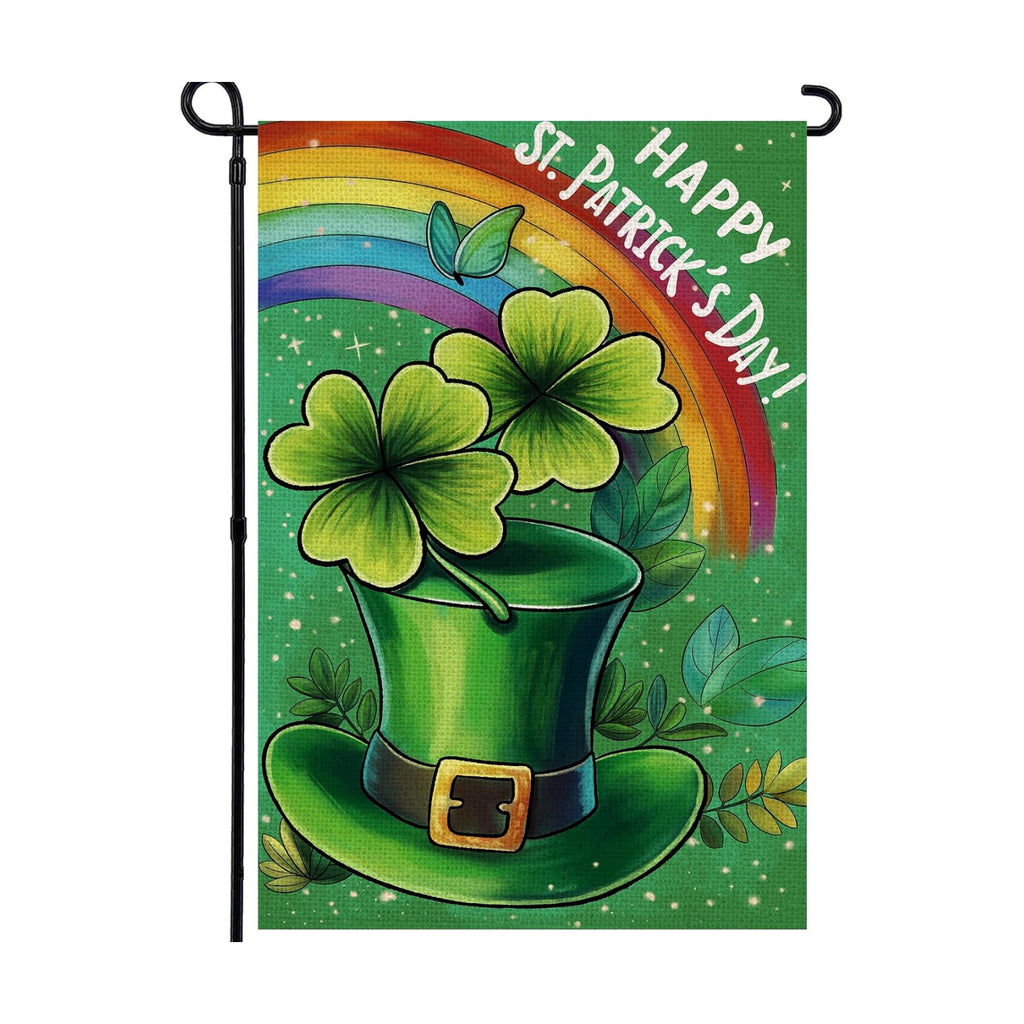 St Patricks Day Garden Flag 12x18In with Green Hat Four-leaf Clover