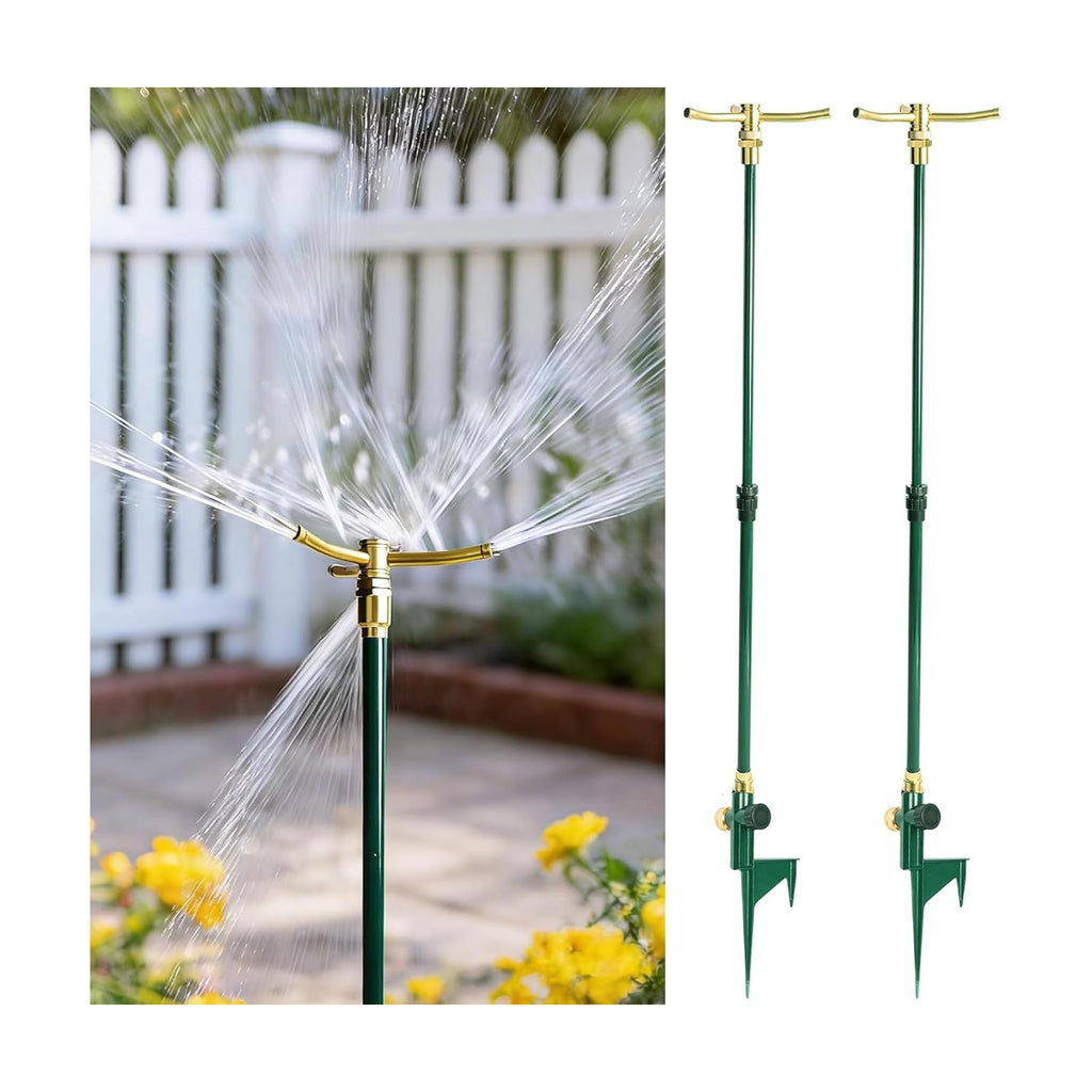 LIULO TOOL 2 Pack 3-Arm Garden Sprinkler, High-Rise Lawn Sprinkler with Adjustable Telescoping Rod and Spike Base, 360
