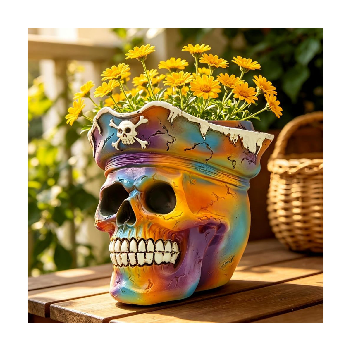 Funky Iridescent Skull Planter, Rainbow Pirate Skeleton Flower Pot for Plant Lover Gift, Small Decorative Psychedelic Figurine for Trippy Room Shelf Desk Boho/ Pop Art/ Streetwear/ Dark Academia Decor