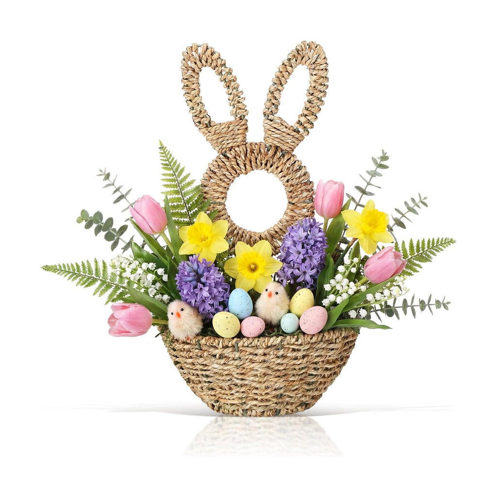 LemonRoad 16.1 Inch Easter Bunny Basket Easter Bunny Woven Wicker Basket Hanging Wall Rabbit Pocket for Spring Front