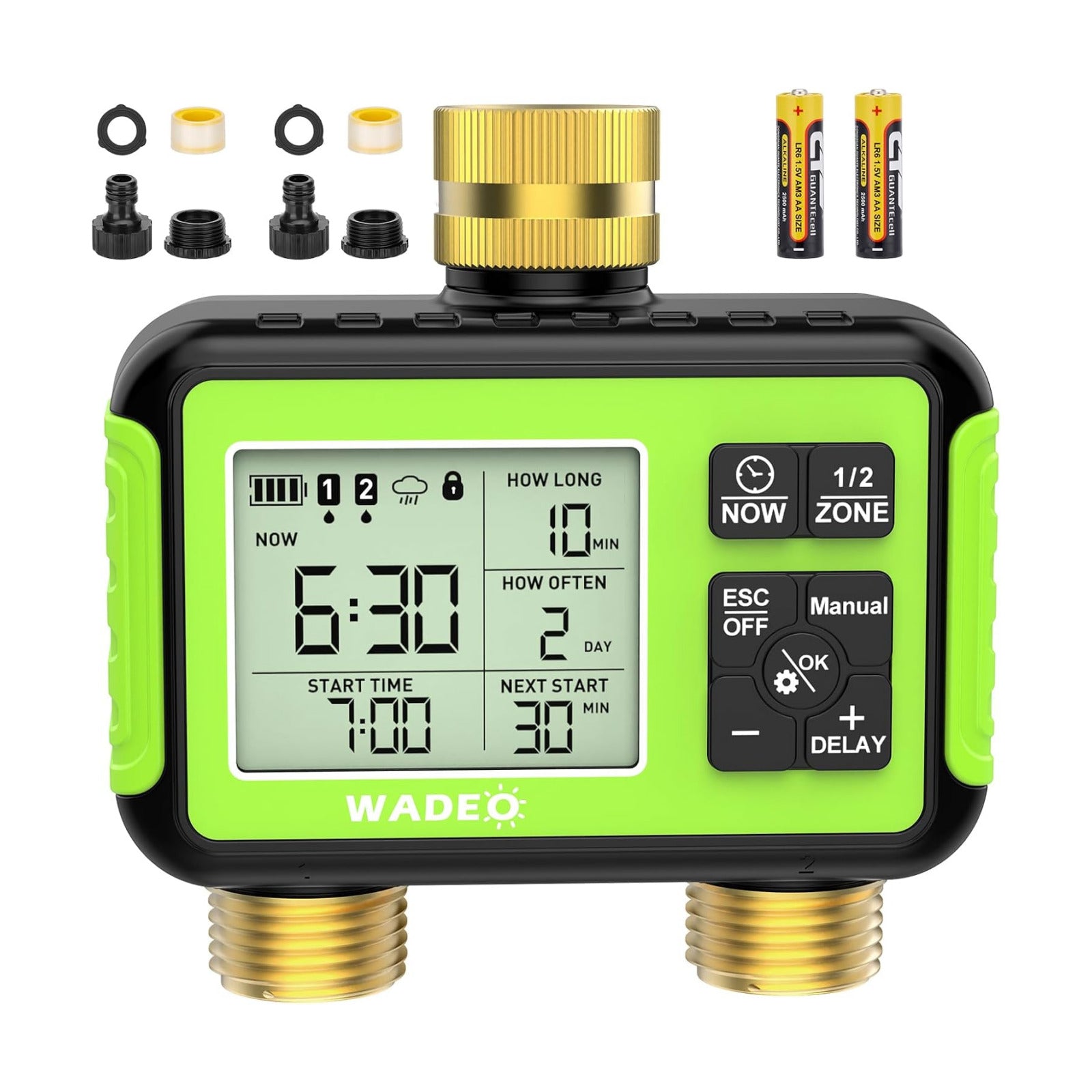 Brass 2 Zone Water Hose Timer, Waterproof Programmable Sprinkler Timer | Automatic Two Zone Irrigation Controller with