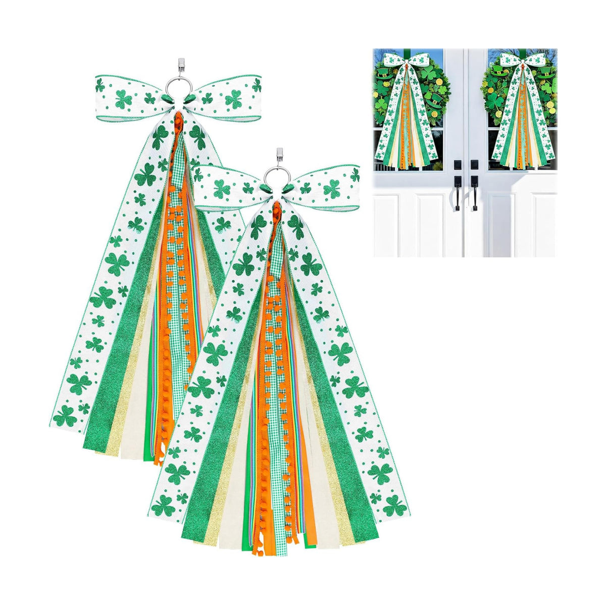 2 Pcs St Patricks Day Clover Ribbon Bow for Wreath Sash for Front Door