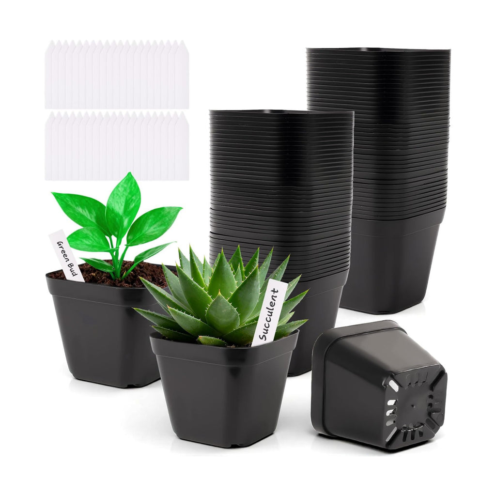 60 Pcs 4 Inch Square Nursery Pots with 60 Plant Labels, Durable Flexible Plastic Planter Nursery Pots, Square Pots for
