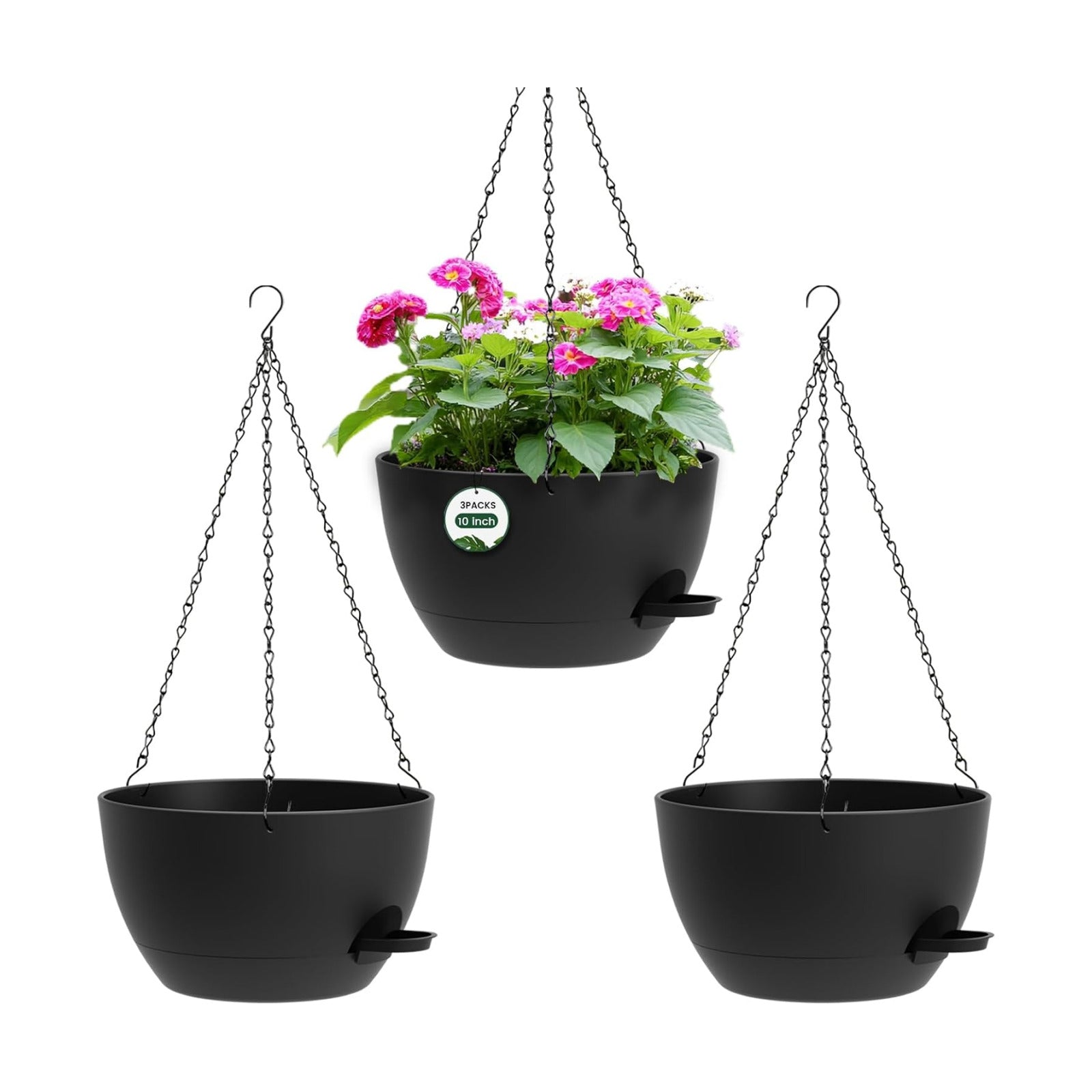 3 Pack 10 Hanging Flower Pots with Chains Self Watering Plastic Planters for Indoor Outdoor Plants, Sturdy Triangular
