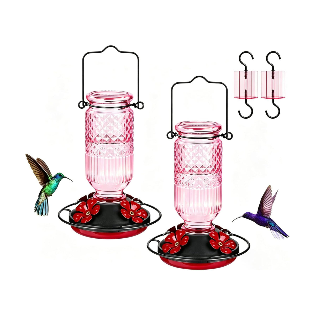 FEED GARDEN Glass Hummingbird Feeder for Outdoors Hanging, 16 OZ Humming Bird Feeders with 4 Bee Guard Feeding Ports & Built-in Ant Moat, Hummingbird Gifts for Mom Bird Feeder for Outside, Pink,2 Pack