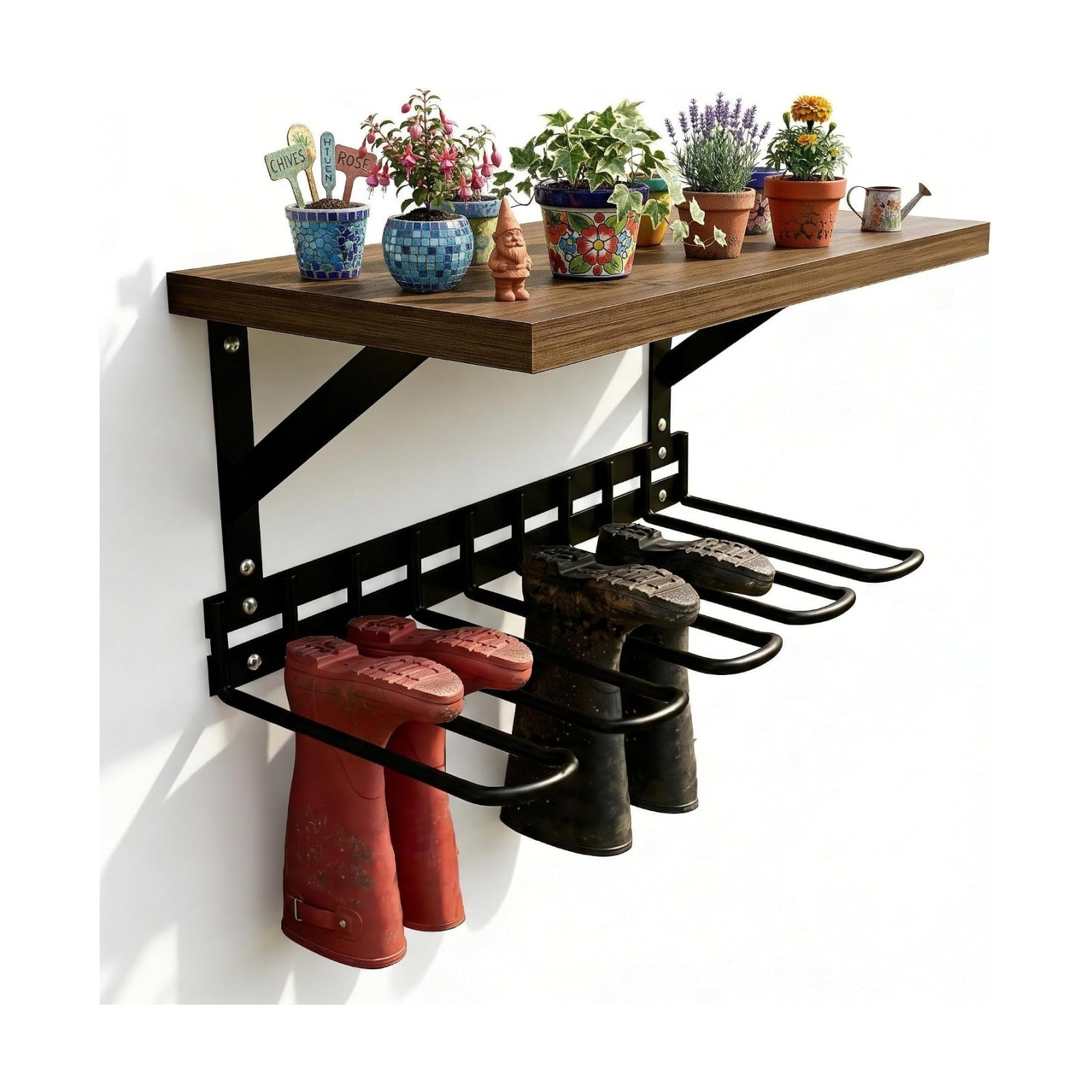 Wall Mount Boot Rack, Garden Tool Organizer With Curved Hooks & Wood Shelf, | Heavy Duty Wader Boot Hangers Organizer