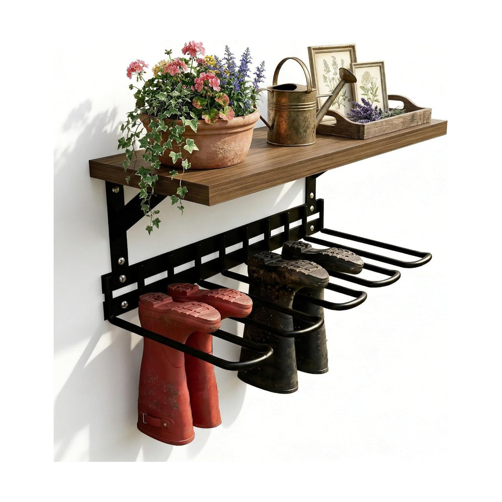 Wall Mount Boot Rack, Garden Tool Organizer With Curved Hooks & Wood Shelf | Heavy Duty Wader Boot Hangers Organizer