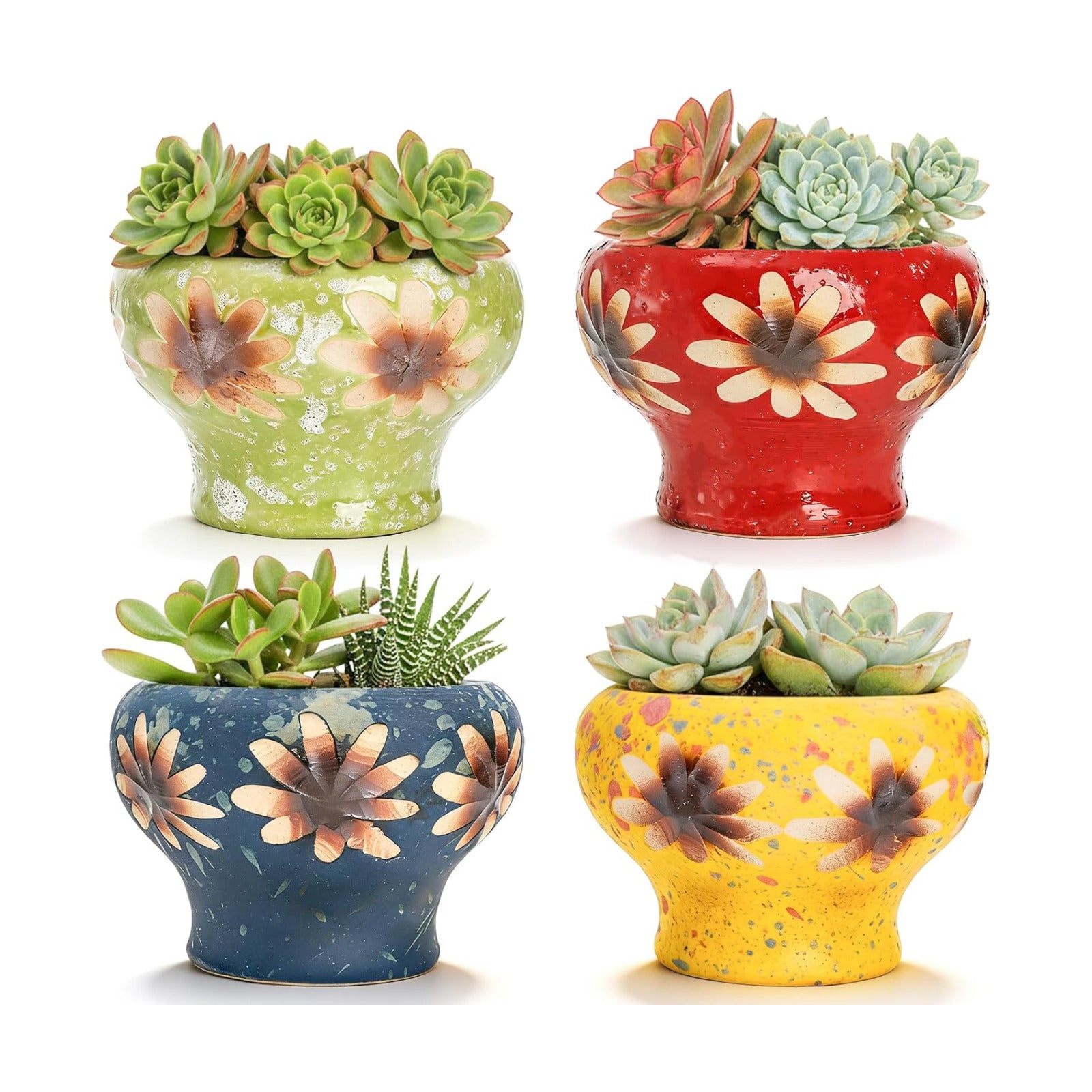 4 Inch Small Succulent Planters, Set of 4 | Hand Crafted Ceramic Plant Pots with Drainage, Colorful Decorative Flower