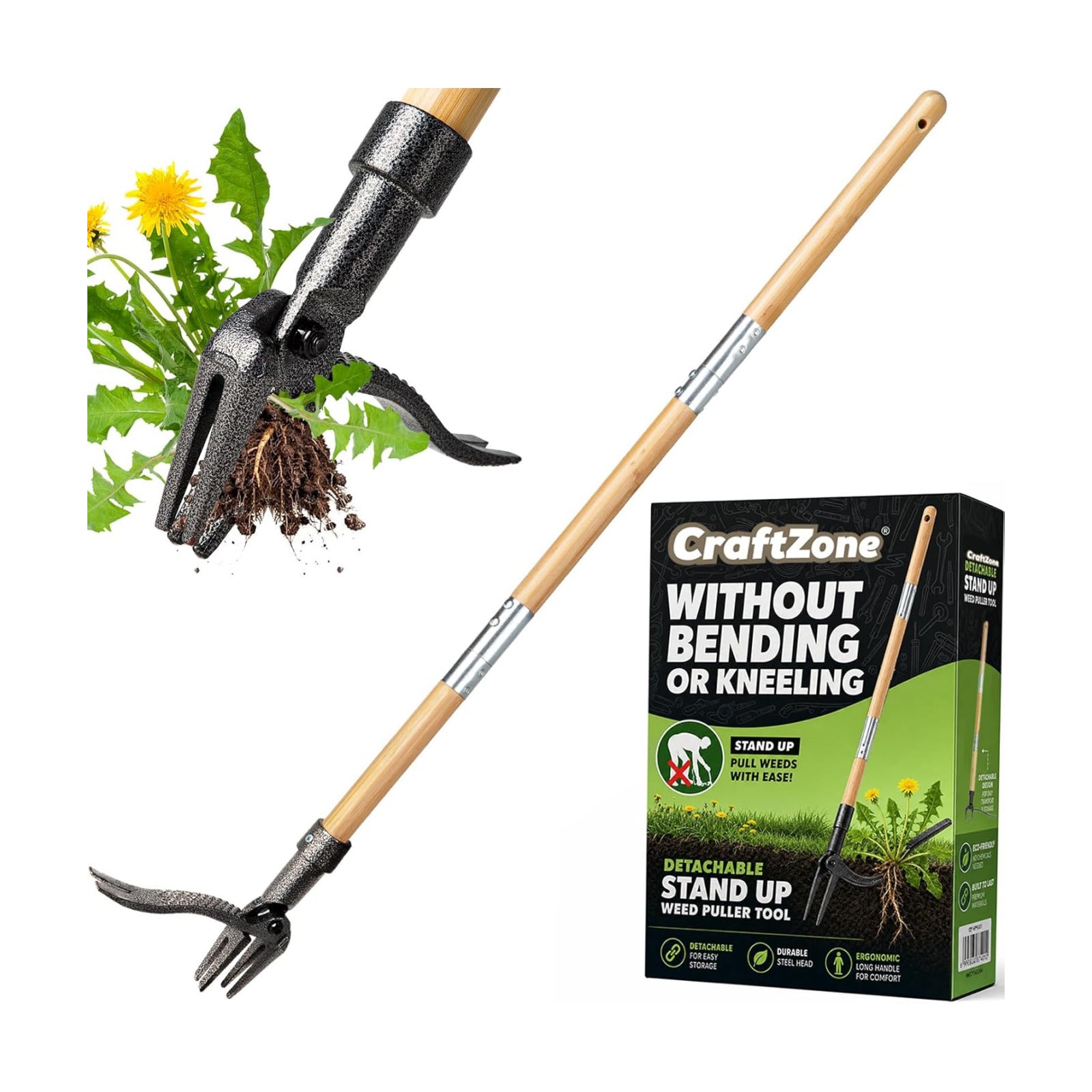 Weed Puller Stand Up Weed Puller Tool with Wooden Long Handle Foot Platform Design 4-Claw Steel Head & Removable