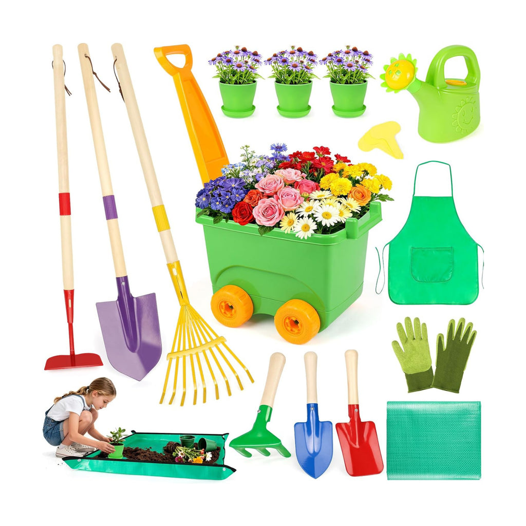 FHOZGECY Kids Gardening Set with Wheelbarrow and Metal Tools for Ages 3-8 | Dual-Size Metal Garden Tools, Apron